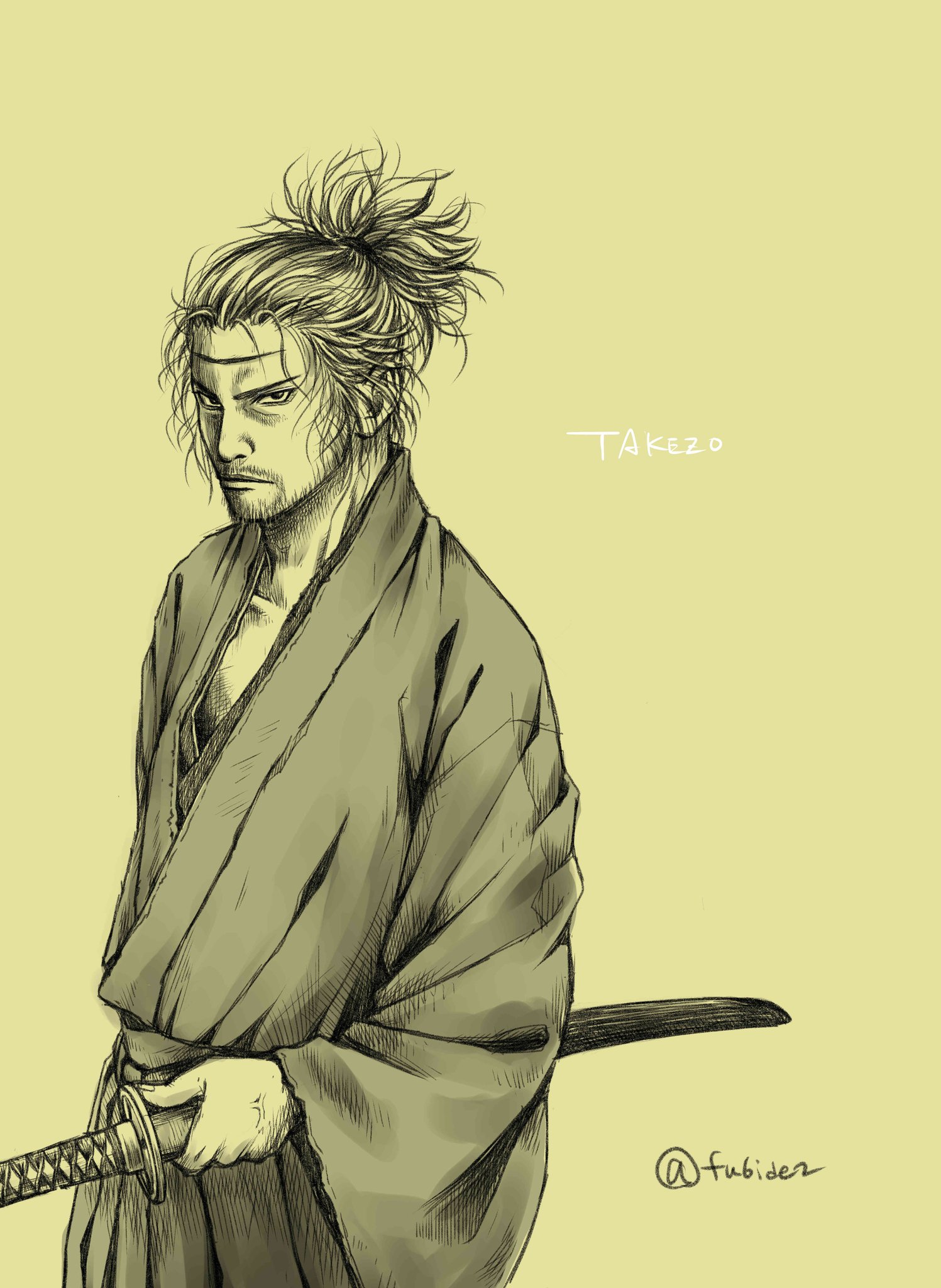 matsu (fu6ide2), miyamoto musashi (vagabond), vagabond, commentary request, highres, 1boy, character name, cowboy shot, facial hair, frown, goatee, greyscale, hakama, japanese clothes, male focus, monochrome, profile, scar, scar on face, scar on forehead, serious, sheath, sheathed, solo, sword, topknot, twitter username, veins, weapon