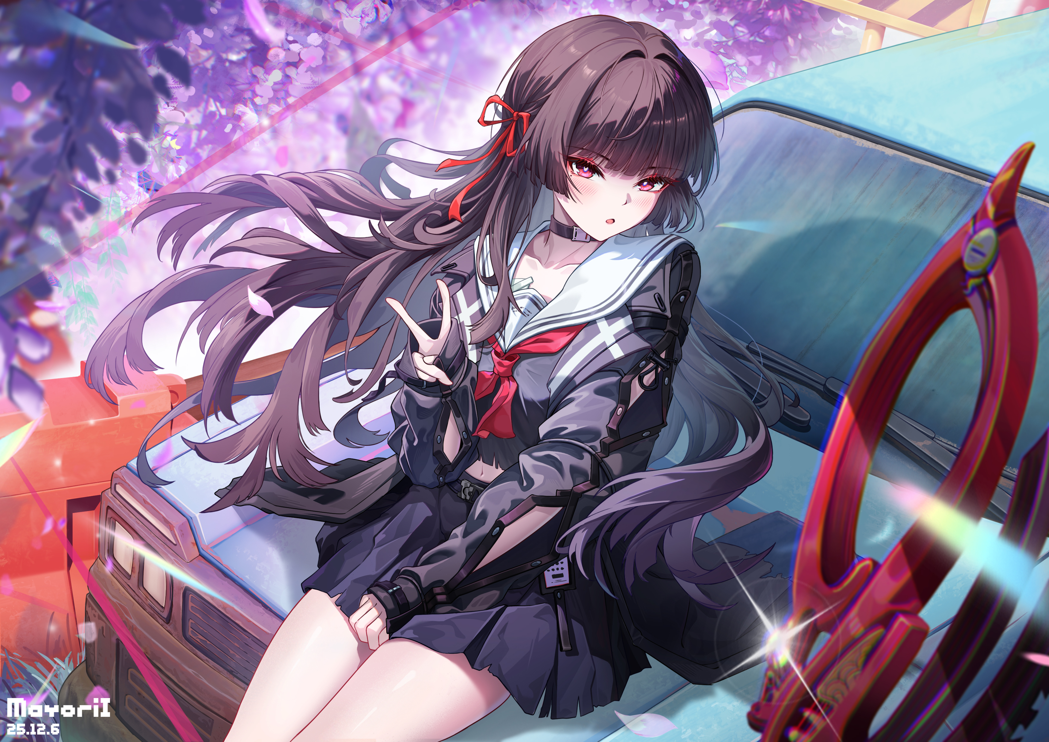chisa (wuthering waves), wuthering waves, absurdres, commentary request, highres, 1girl, black jacket, black shirt, black skirt, blush, car, flower, hair ribbon, jacket, long hair, looking at viewer, mayoril, motor vehicle, neckerchief, open clothes, open jacket, open mouth, purple flower, red eyes, red neckerchief, red ribbon, ribbon, sailor collar, school uniform, serafuku, shirt, sitting, skirt, sleeves past wrists, solo, v, white sailor collar