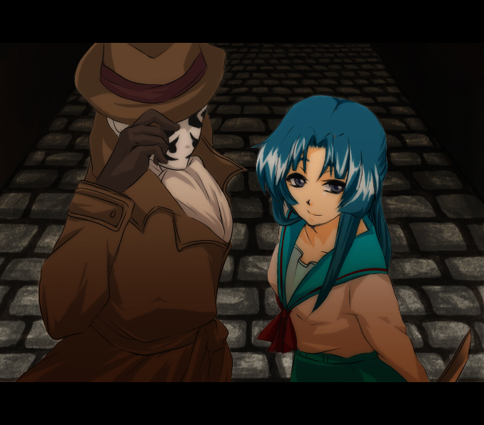 kadotarou, asakura ryoko, rorschach, dc comics, m.u.g.e.n, suzumiya haruhi no yuuutsu, watchmen, bad id, bad pixiv id, 00s, 1girl, anime coloring, blue eyes, blue hair, coat, crossover, hat, knife, letterboxed, long hair, mask, school uniform, serafuku, trench coat