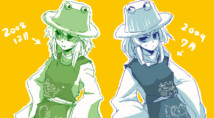 kadotarou, moriya suwako, touhou, bad id, bad pixiv id, 1girl, :t, female focus, frown, hands on own hips, hat, long sleeves, reference sheet, solo, sweatdrop