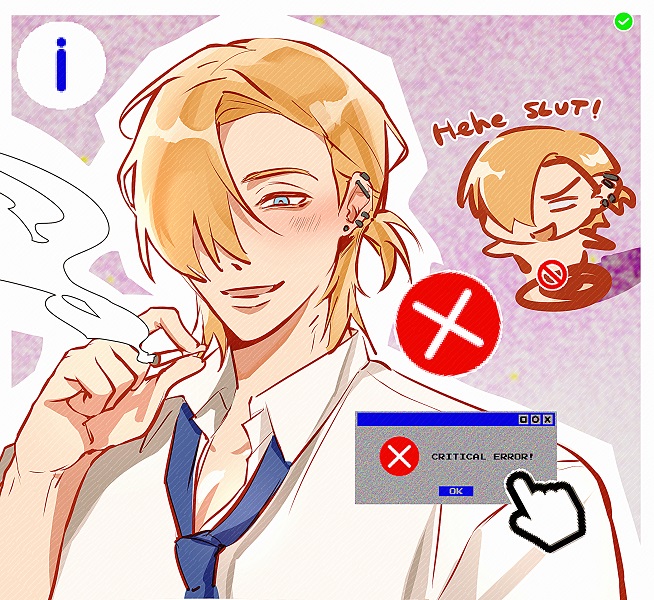 utu310, whitney (degrees of lewdity), whitney (male) (degrees of lewdity), degrees of lewdity, hashtag-only commentary, 1boy, blonde hair, blue eyes, blue necktie, chibi, chibi inset, cigarette, collared shirt, earrings, english text, hair over one eye, holding, holding cigarette, jewelry, looking at viewer, multiple views, necktie, open mouth, shirt, white shirt, window (computing)