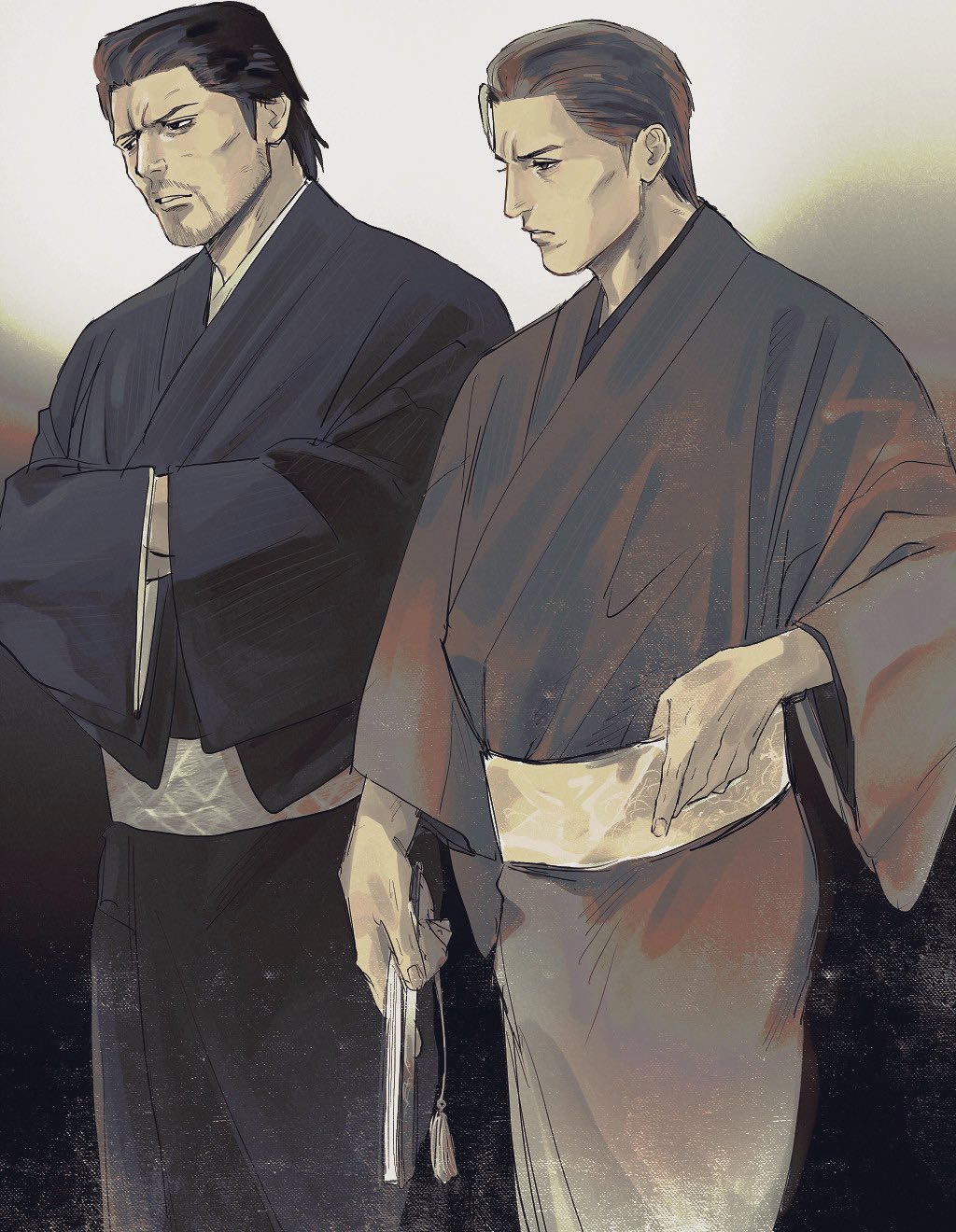 dojima daigo, mine yoshitaka, ryuu ga gotoku (series), ryuu ga gotoku 3, commentary request, highres, 2boys, ahoge, alternate costume, beard, cowboy shot, facial hair, folded fan, folding fan, hand fan, japanese clothes, kimono, male focus, multiple boys, muted color, obi, own hands together, sash, tyag53, wide sleeves, yukata