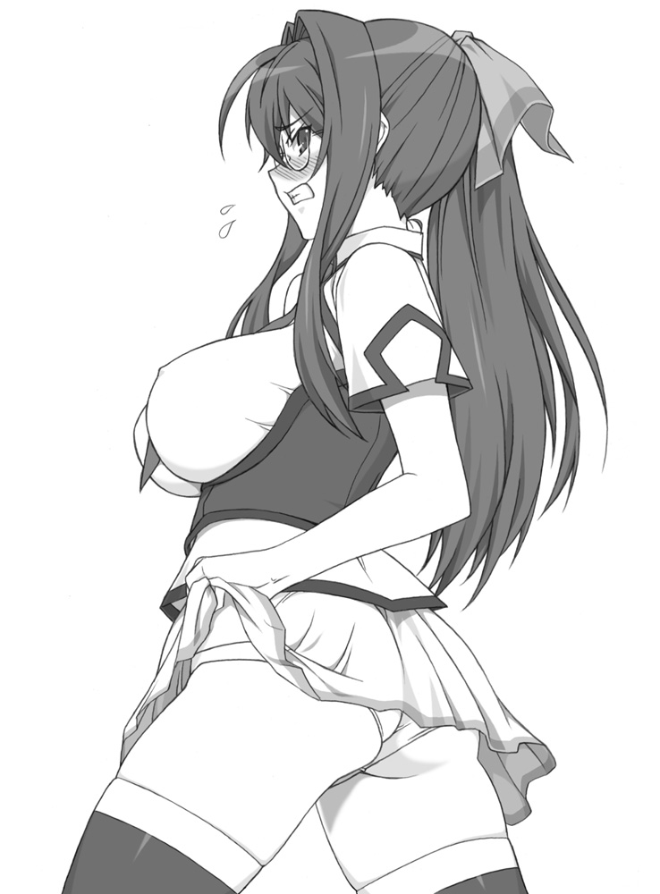 shichimenchou, kannagi itsuki, sora wo kakeru shoujo, 00s, 1girl, ass, blush, clothes lift, female focus, glasses, greyscale, monochrome, panties, ponytail, simple background, skirt, skirt lift, solo, thighhighs, underwear, upskirt