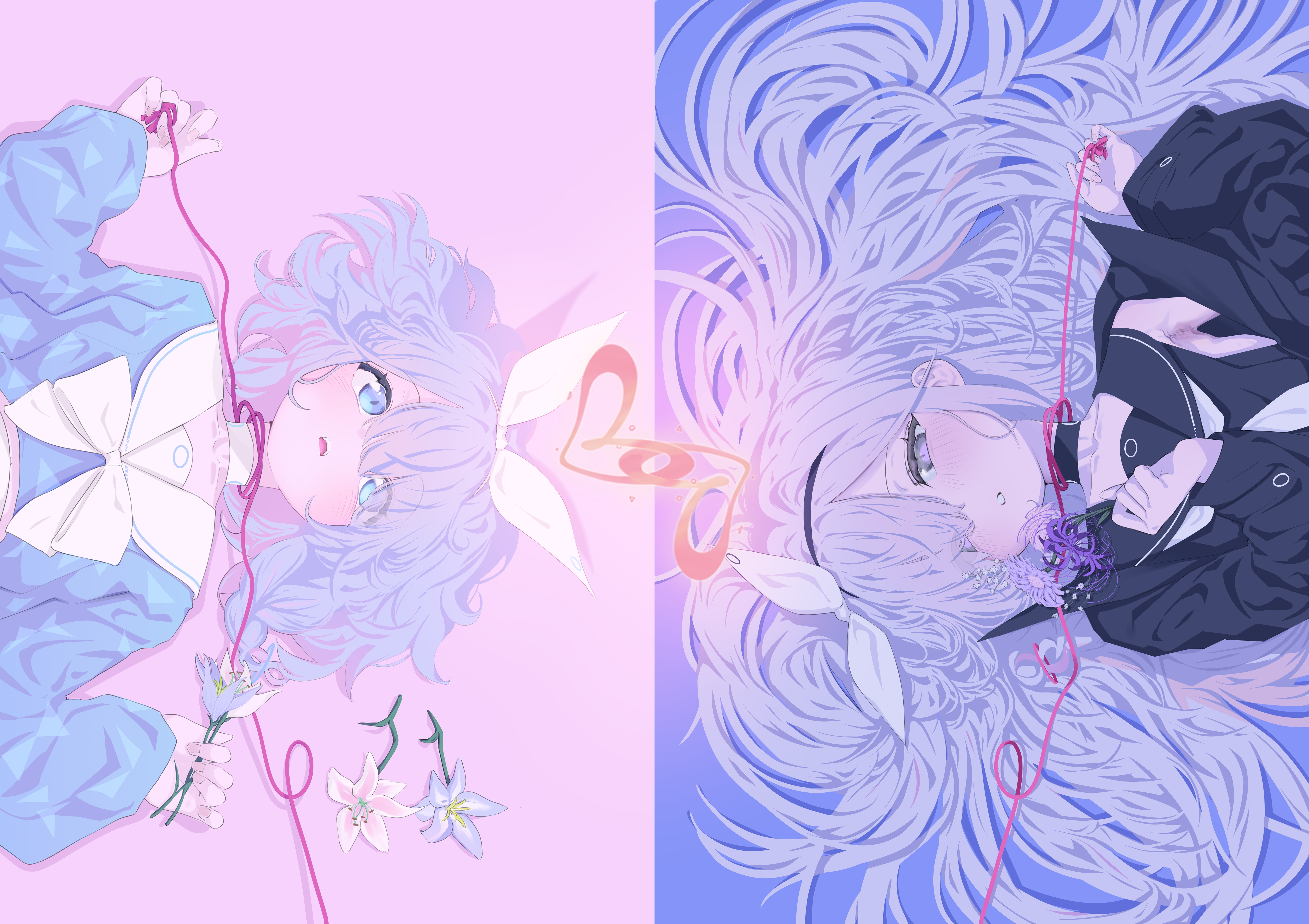 sharp to sharp, arona (blue archive), plana (blue archive), blue archive, absurdres, commentary, flower request, highres, 2girls, black choker, black eyes, black hairband, black jacket, black sailor collar, black shirt, blue eyes, blue hair, blue shirt, blush, braid, choker, clenched hand, color-coded, colored inner hair, flower, from above, hair between eyes, hair over one eye, hairband, halo, hands up, heart, heart halo, holding, holding flower, holding ribbon, jacket, jacket partially removed, long hair, long sleeves, looking at another, looking at viewer, lying, messy hair, multicolored hair, multiple girls, neck ribbon, neckerchief, pink background, pink hair, purple background, red halo, red ribbon, ribbon, sailor collar, shirt, short hair, simple background, single braid, sleeveless, sleeveless shirt, two-tone hair, very long hair, white choker, white hair, white neckerchief, white sailor collar