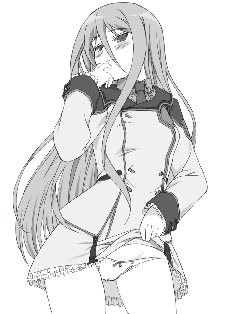 shichimenchou, felli loss, koukaku no regios, uniform, 1girl, blush, bow, bow panties, cameltoe, clothes lift, female focus, greyscale, long hair, monochrome, panties, simple background, skirt, skirt lift, solo, underwear, upskirt