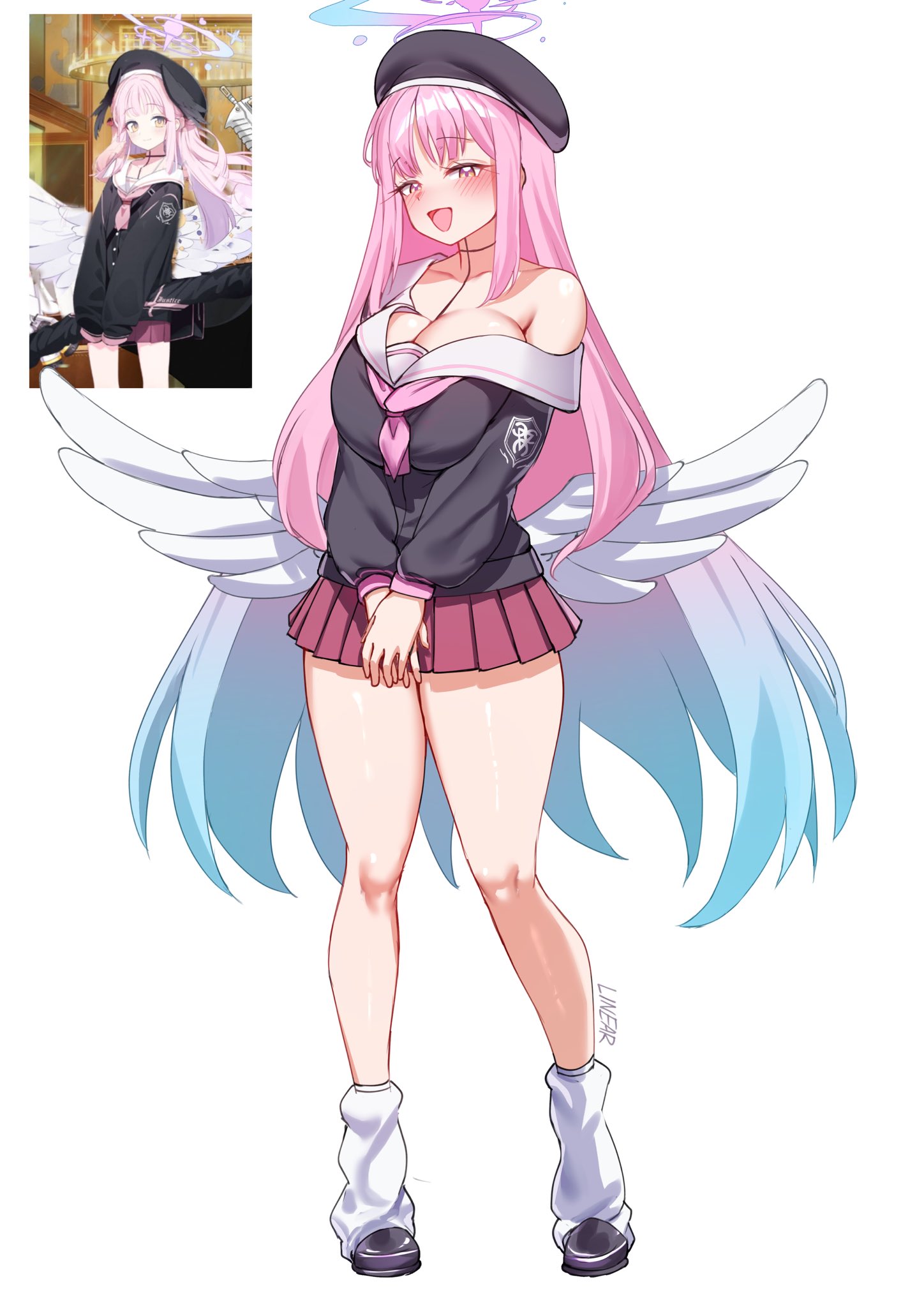 linear 71, koharu (blue archive), mika (blue archive), blue archive, commentary, english commentary, highres, 1girl, black shirt, black shoes, blue hair, blue halo, blush, breasts, cleavage, collarbone, cosplay, full body, gradient eyes, gradient hair, gradient halo, halo, koharu (blue archive) (cosplay), large breasts, long hair, looking at viewer, loose socks, low wings, multicolored eyes, multicolored hair, multicolored halo, neckerchief, open mouth, pink hair, pink halo, pink neckerchief, pink skirt, pleated skirt, purple eyes, sailor collar, shirt, shoes, single bare shoulder, skirt, smile, socks, solo, thighs, very long hair, white background, white sailor collar, white socks, white wings, wings, yellow eyes