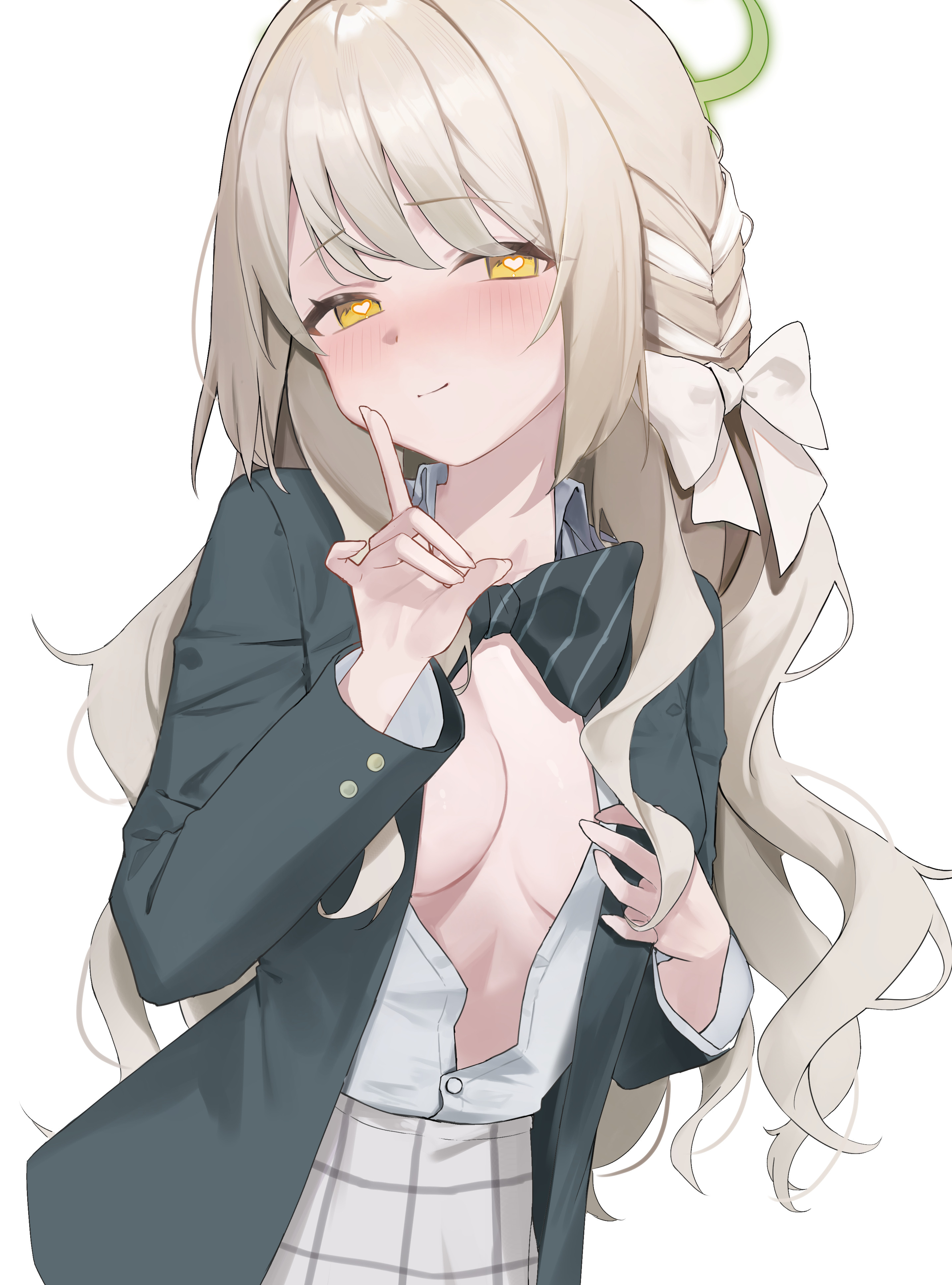 lizard0221, miyo (blue archive), blue archive, absurdres, hashtag-only commentary, highres, 1girl, black bow, black bowtie, black jacket, blazer, blonde hair, blush, bow, bowtie, braid, breasts, cleavage, closed mouth, collared shirt, green halo, grey skirt, halo, heart, heart-shaped pupils, jacket, long hair, long sleeves, looking at viewer, medium breasts, open clothes, open jacket, open shirt, plaid clothes, plaid skirt, pleated skirt, school uniform, shirt, simple background, skirt, smile, solo, symbol-shaped pupils, white background, white shirt, yellow eyes