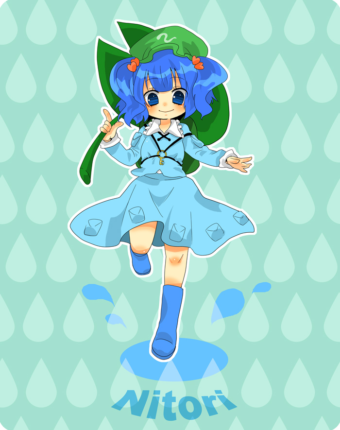 enuoka, kawashiro nitori, touhou, 1girl, backpack, bag, blue eyes, blue hair, boots, character name, female focus, hair bobbles, hair ornament, hat, key, matching hair/eyes, randoseru, short hair, solo, twintails, two side up