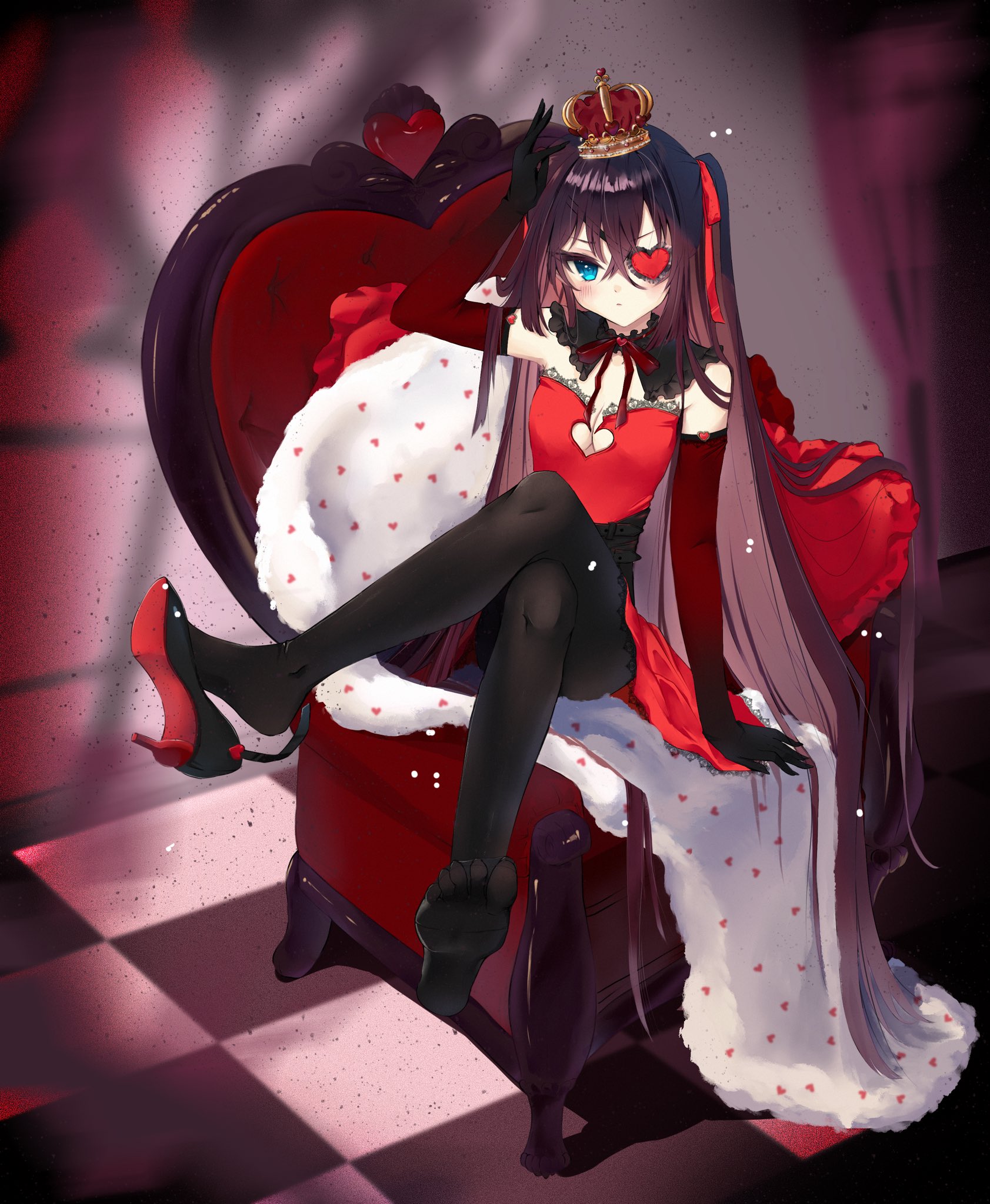 dear arisu, original, commentary, english commentary, highres, 1girl, arm up, armchair, bare shoulders, black pantyhose, black shoes, blue eyes, blurry, blurry background, blush, breasts, brown hair, chair, cleavage, closed mouth, crossed bangs, crossed legs, crown, dress, elbow gloves, eyepatch, full body, gloves, hair between eyes, heart, heart eyepatch, high heels, long hair, looking at viewer, no shoes, pantyhose, red dress, red gloves, shoe dangle, shoes, sitting, small breasts, solo, toes, very long hair