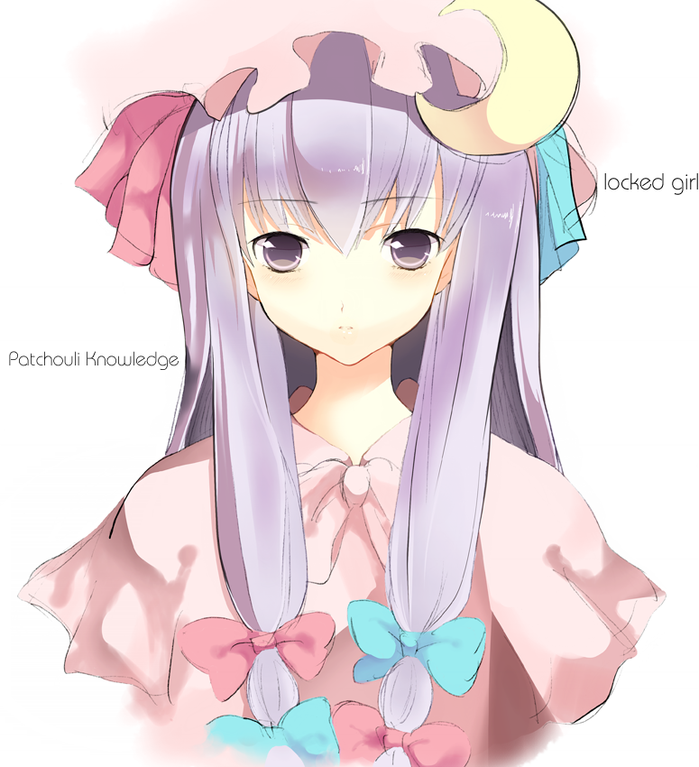 hatss, slash (syrh3ee), patchouli knowledge, touhou, bad id, bad pixiv id, 1girl, bow, character name, crescent, english text, female focus, hair bow, hat, long hair, multiple hair bows, purple eyes, purple hair, solo