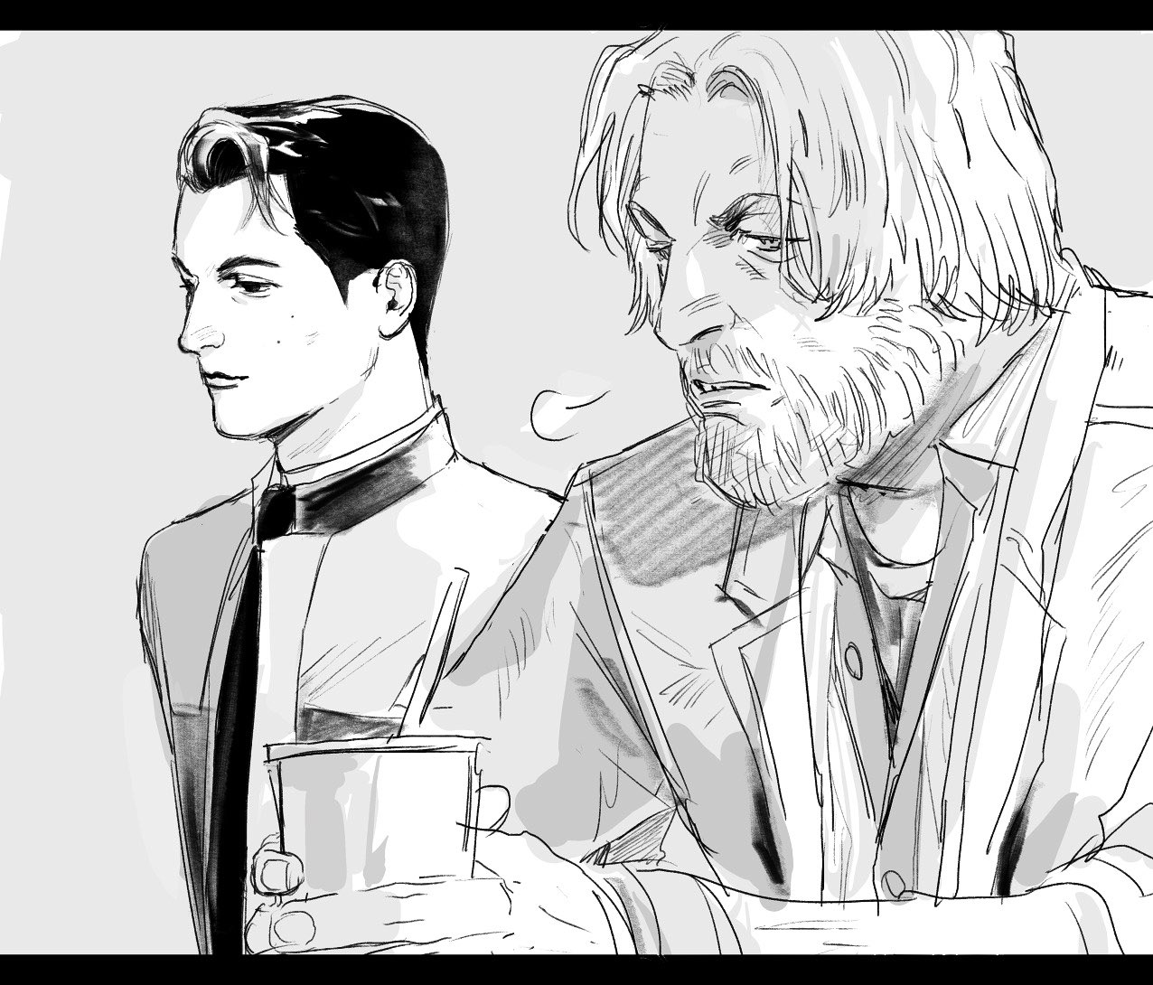 connor (detroit), hank anderson, detroit: become human, commentary request, 2boys, android, beard, breath, facial hair, jacket, male focus, mole, mole under eye, monochrome, multiple boys, smile, soda, tyag53, upper body