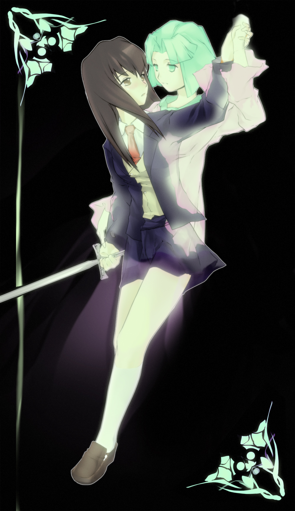 karin (eretzvaju), setsuna saizuki, eretzvaju, highres, 2girls, ghost, multiple girls, school uniform, sword, weapon