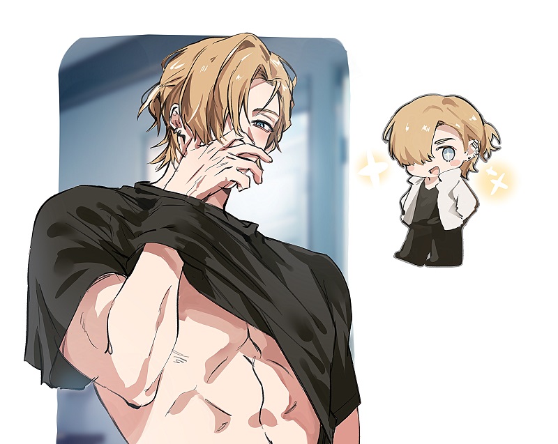 utu310, whitney (degrees of lewdity), whitney (male) (degrees of lewdity), degrees of lewdity, hashtag-only commentary, 1boy, black shirt, blonde hair, blue eyes, chibi, chibi inset, earrings, hair over one eye, jewelry, multiple views, shirt, sparkle