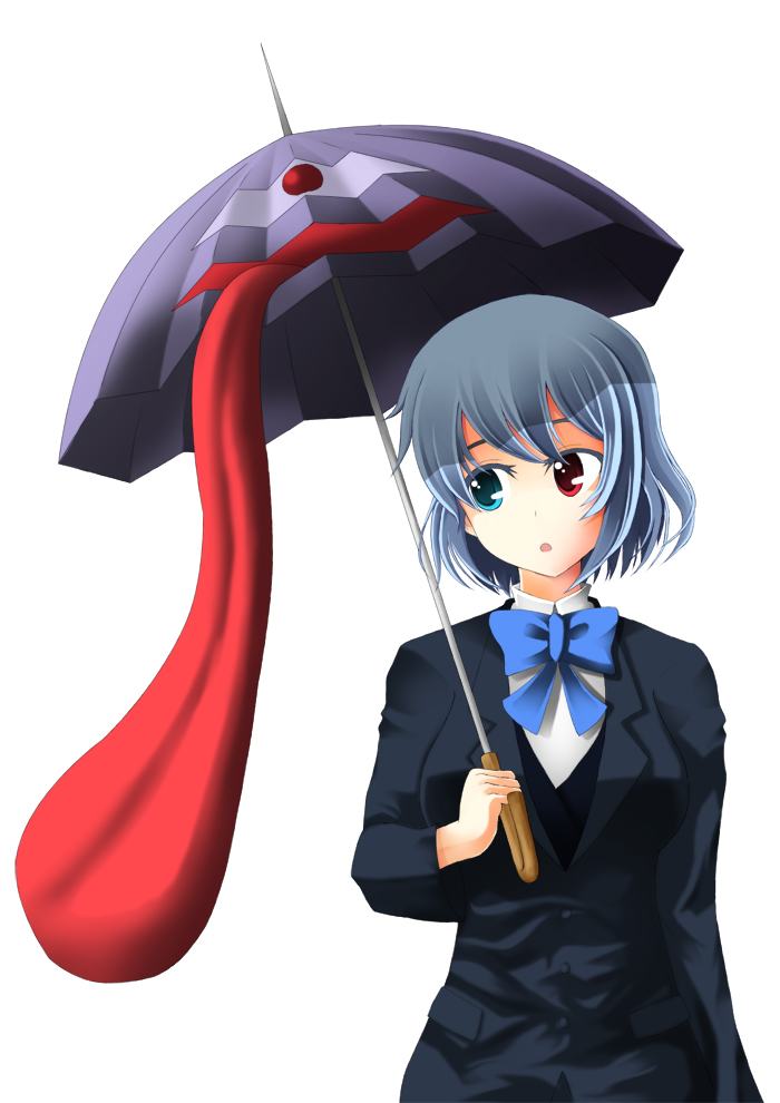 ice (artist), ice (doragon), tatara kogasa, touhou, bad id, bad pixiv id, 1girl, blue eyes, blue hair, bow, bowtie, female focus, formal clothes, heterochromia, karakasa obake, matching hair/eyes, red eyes, short hair, solo, suit, tongue, umbrella