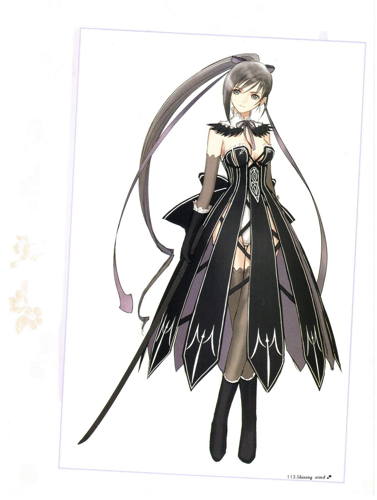 tony taka, makishima, sega, shining (series), shining wind, highres, 1girl, black hair, boots, breasts, choker, cleavage, collar, detached sleeves, dress, earrings, female focus, frills, gloves, grey eyes, grey hair, hair ribbon, jewelry, katana, long hair, pantyhose, ponytail, ribbon, smile, solo, sword, very long hair, weapon