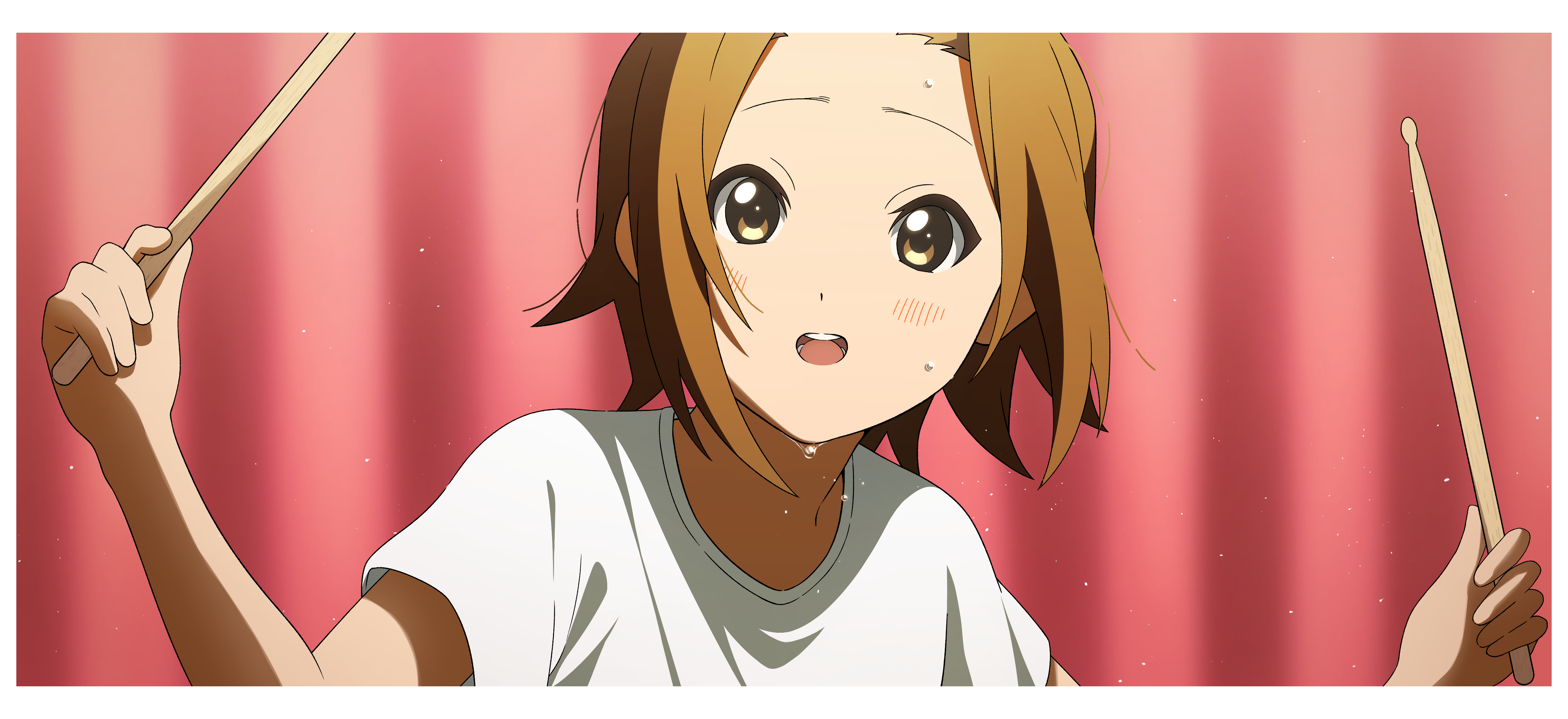 46 crt, tainaka ritsu, k-on!, absurdres, commentary request, highres, 1girl, border, brown eyes, brown hair, curtains, drumsticks, holding, holding drumsticks, shirt, short hair, short sleeves, solo, stage curtains, t-shirt, white border, white shirt