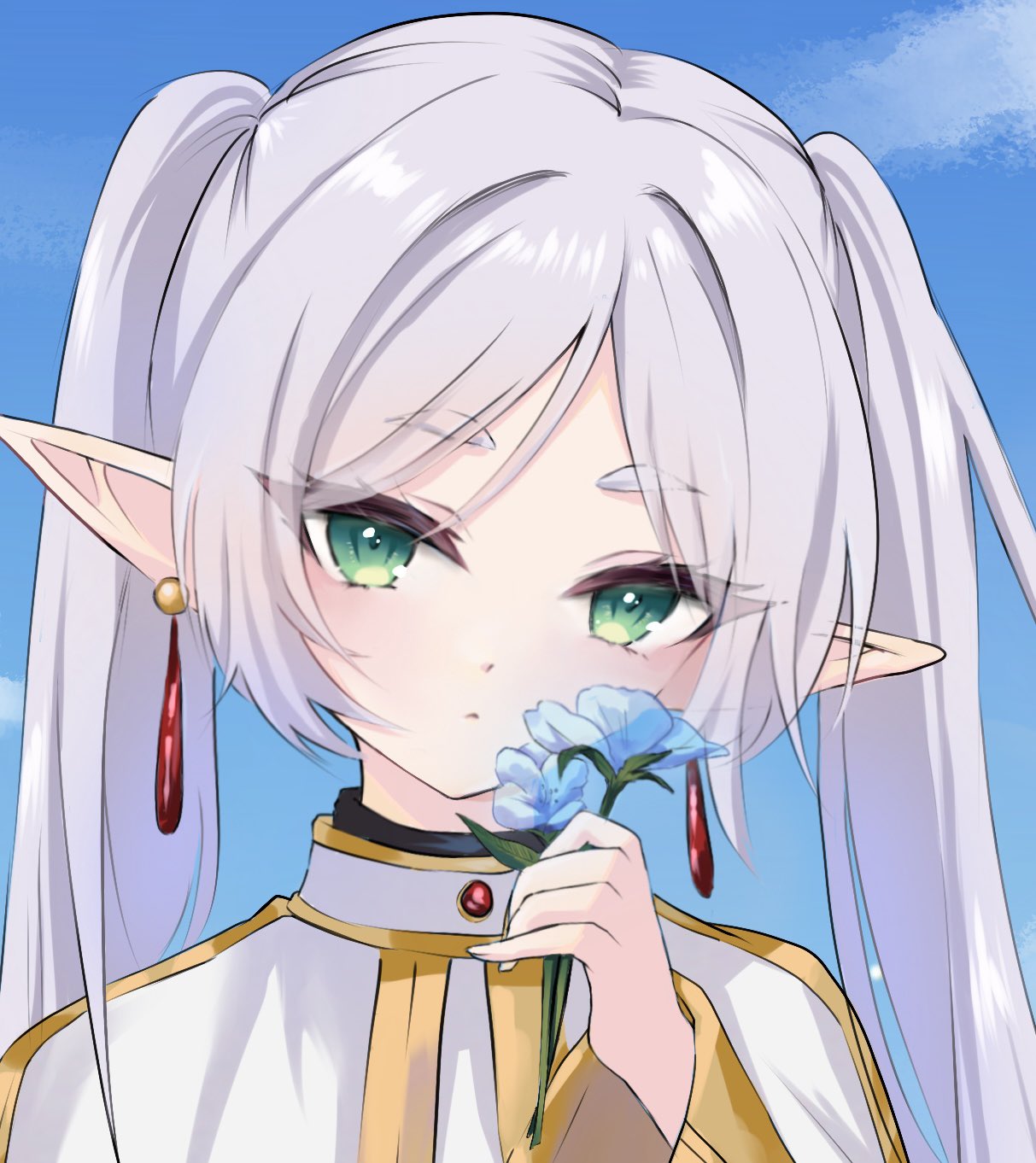 dear arisu, frieren, sousou no frieren, commentary, english commentary, highres, procreate (medium), 1girl, blue background, blue flower, blue sky, capelet, closed mouth, day, earrings, elf, flower, green eyes, grey hair, hand up, holding, holding flower, jewelry, long hair, long sleeves, looking at viewer, outdoors, parted bangs, pointy ears, portrait, sky, solo, teardrop earrings, twintails, white capelet