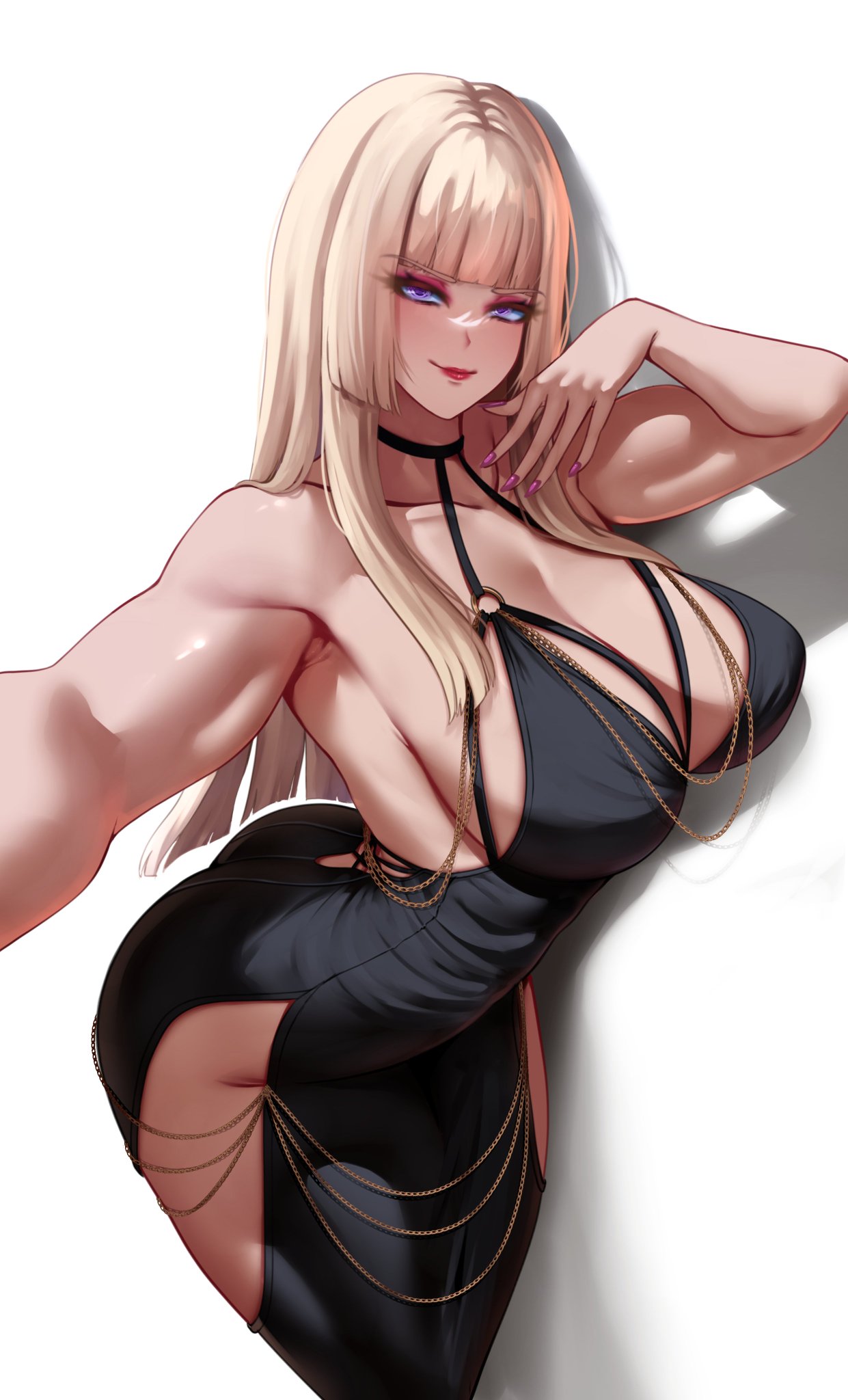 karma3009, emilie de rochefort, tekken, 1girl, armpits, ass, blonde hair, blue eyes, blush, breasts, cleavage, clothing cutout, dress, large breasts, lips, long hair, pink nails, purple eyes, selfie, side cutout