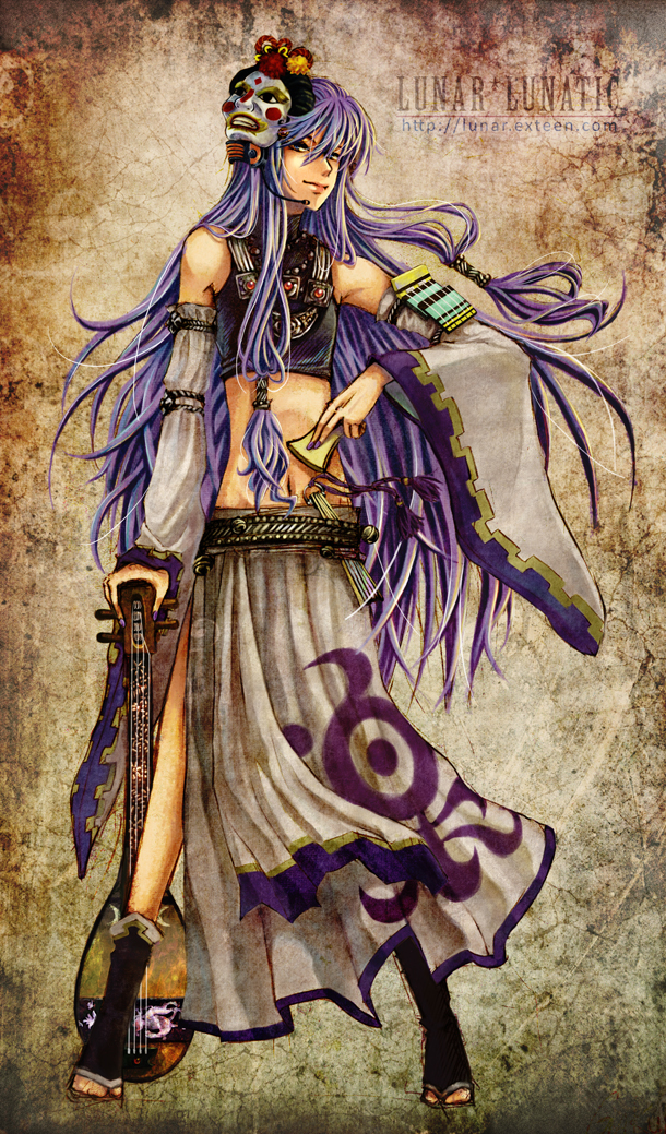 lunarmimi, kamui gakupo, vocaloid, 1boy, blue eyes, detached sleeves, headphones, instrument, long hair, male focus, mask, midriff, nail polish, plectrum, purple hair, purple nails, shamisen, skirt, smile, solo, very long hair
