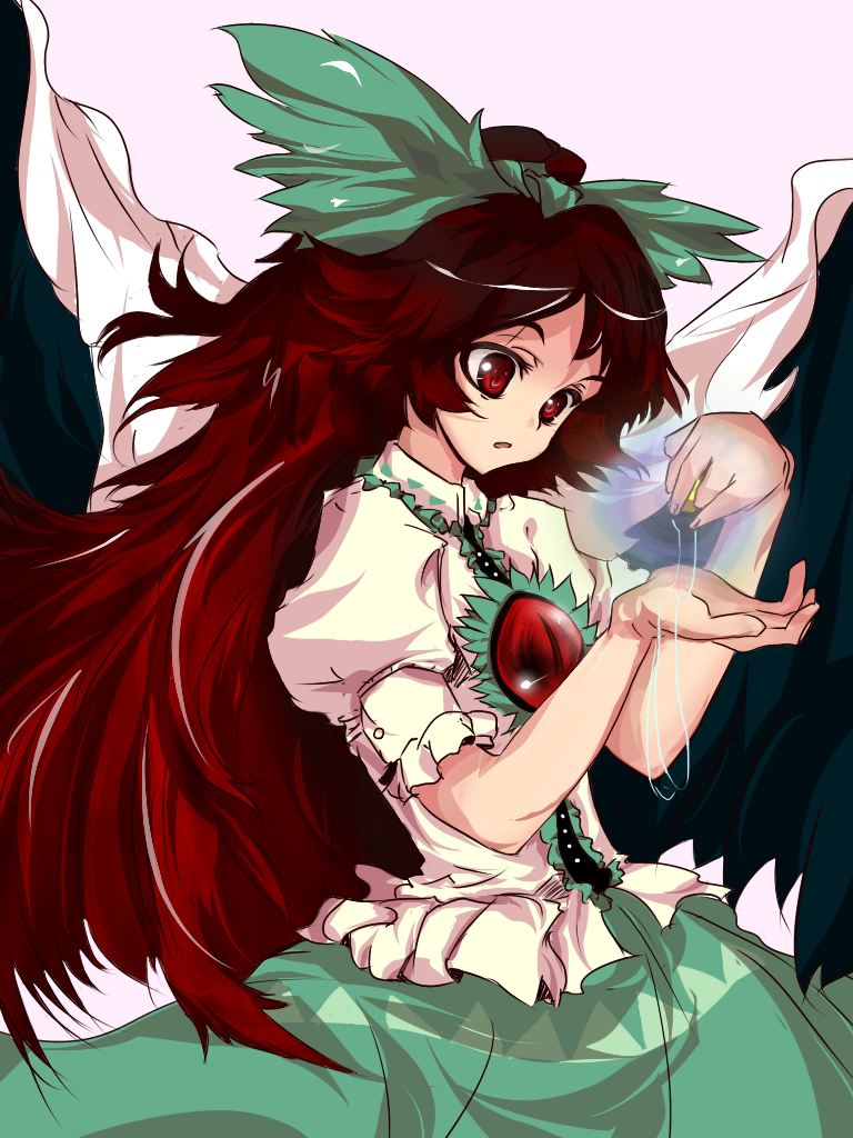 wahara romasa, warc, reiuji utsuho, touhou, bad id, bad pixiv id, 1girl, bow, brown hair, female focus, long hair, red eyes, simple background, solo, wings