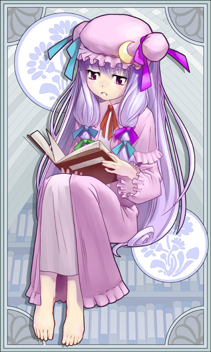 takech, patchouli knowledge, touhou, bad id, bad pixiv id, 1girl, barefoot, book, feet, female focus, full body, hat, long hair, purple eyes, purple hair, solo