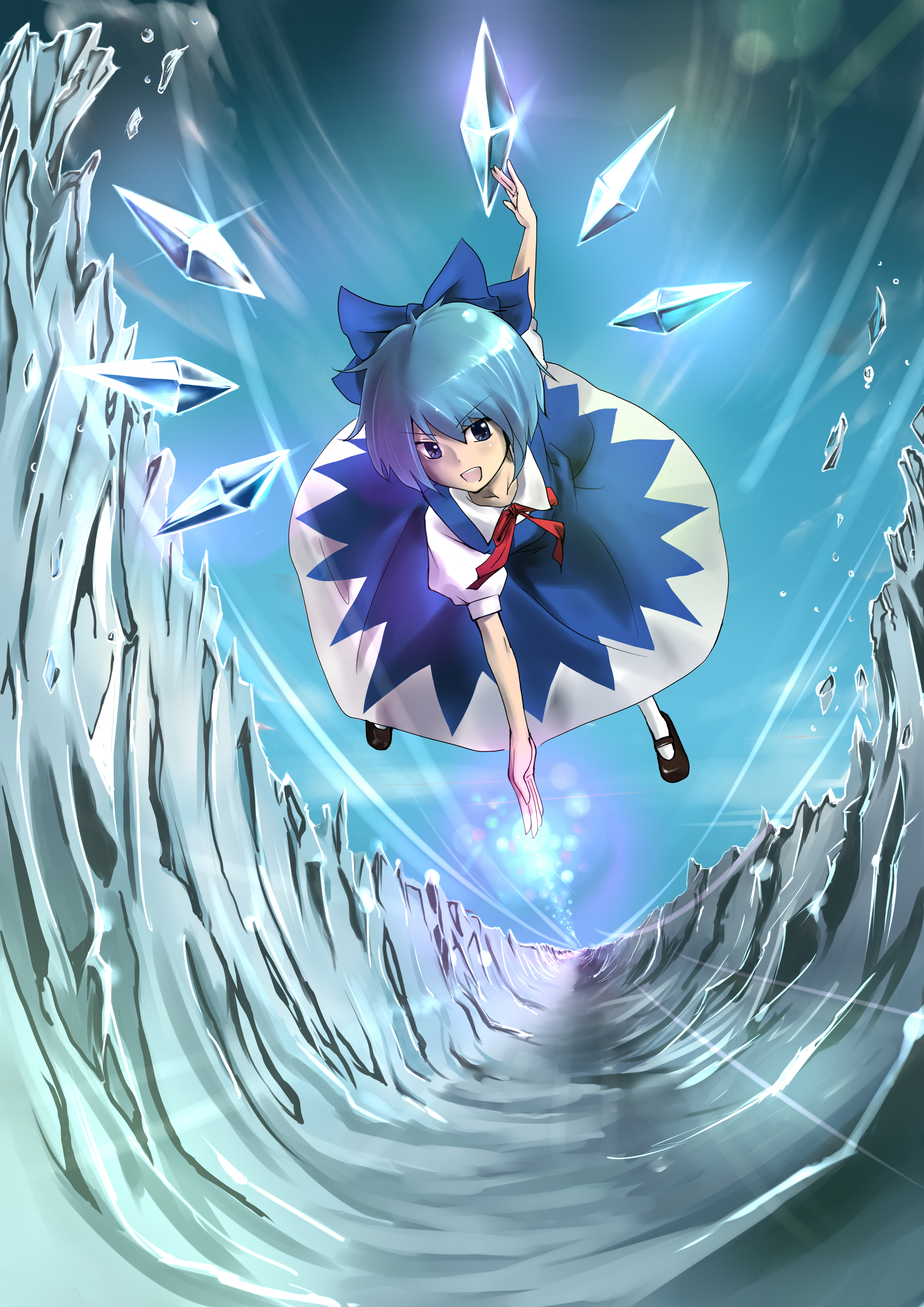 koenigsegg, cirno, embodiment of scarlet devil, touhou, absurdres, highres, blue eyes, blue hair, bow, short hair, solo, wings
