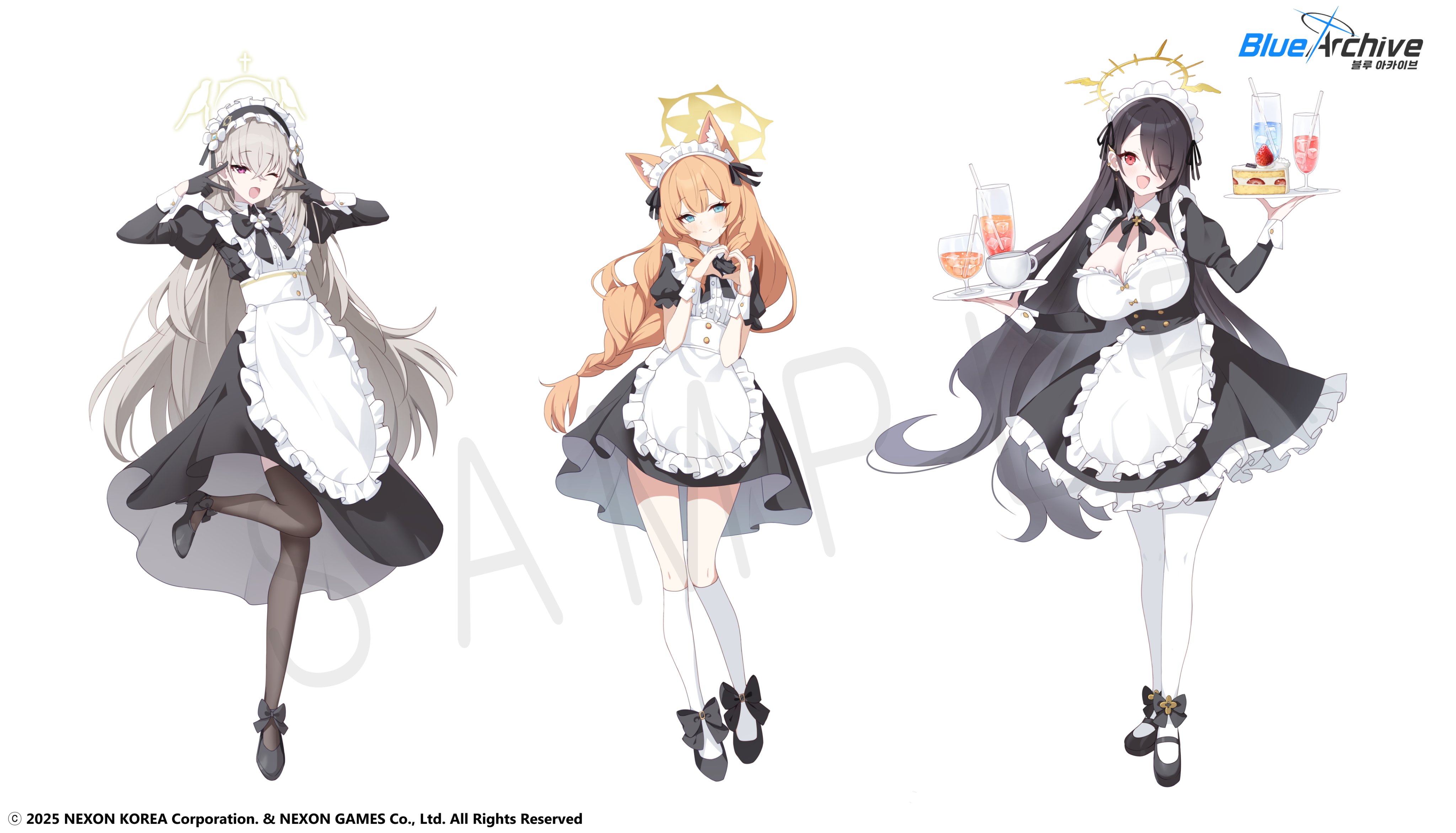 misyune, hinata (blue archive), mari (blue archive), sakurako (blue archive), blue archive, absurdres, commentary request, highres, korean commentary, official art, 3girls, alternate costume, animal ear fluff, animal ears, apron, black dress, black gloves, black hair, black pantyhose, black shoes, black veil, blush, cake, cake slice, cat ears, cat girl, detached collar, double v, dress, drink, food, full body, gloves, hair between eyes, hair over one eye, halo, holding, holding tray, kneehighs, long braid, long hair, long sleeves, looking at viewer, maid, maid apron, maid headdress, multiple girls, orange hair, pantyhose, purple eyes, red eyes, shoes, short sleeves, sidelocks, socks, standing, standing on one leg, tray, v, veil, white hair, white pantyhose, white socks, wrist cuffs, yellow halo