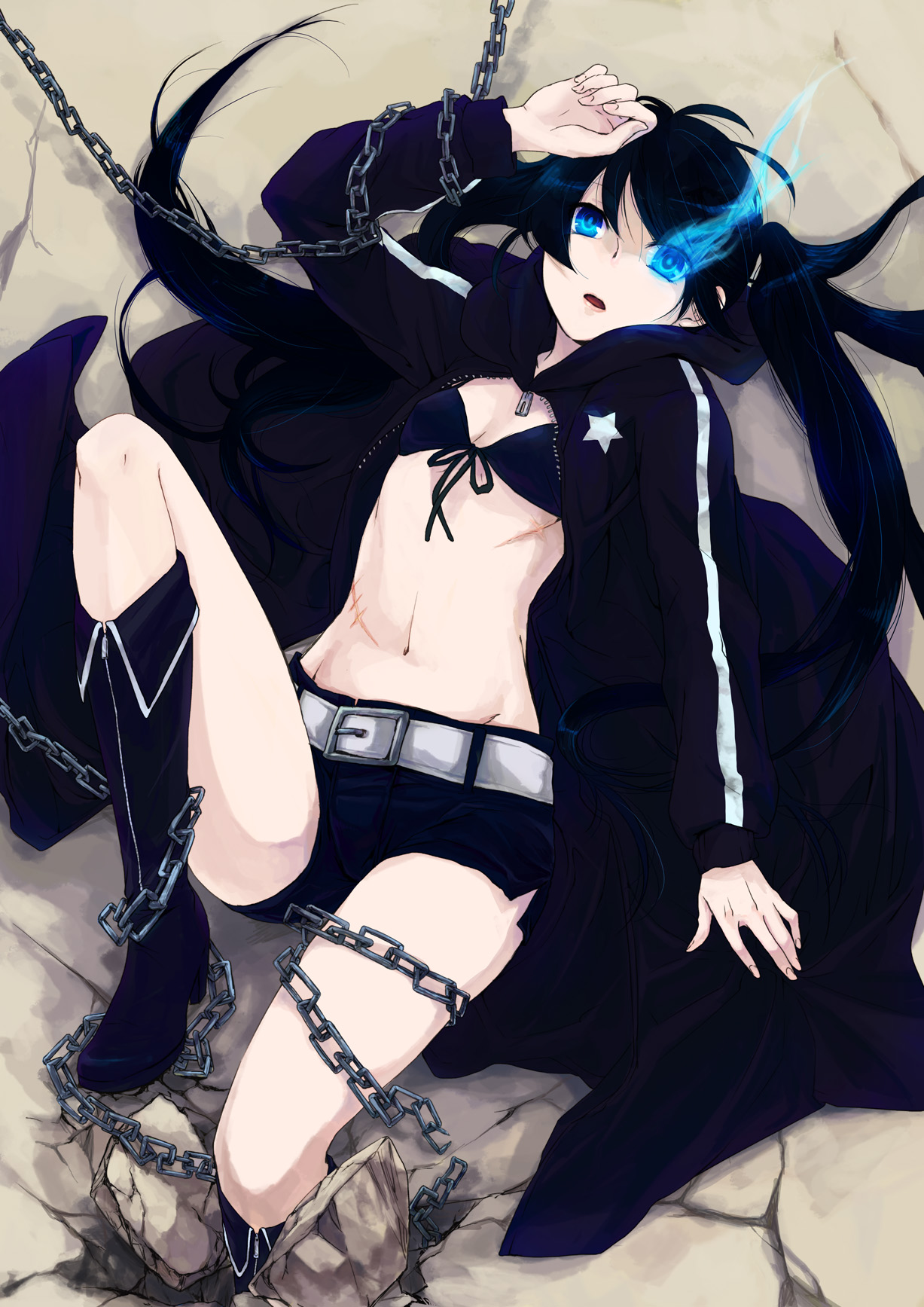 akaya (rednight dd), black rock shooter (character), black rock shooter, highres, 10s, 1girl, belt, bikini, bikini top only, black bikini, black hair, boots, chain, female focus, front-tie top, glowing, glowing eyes, lying, midriff, scar, shorts, solo, star (symbol), swimsuit