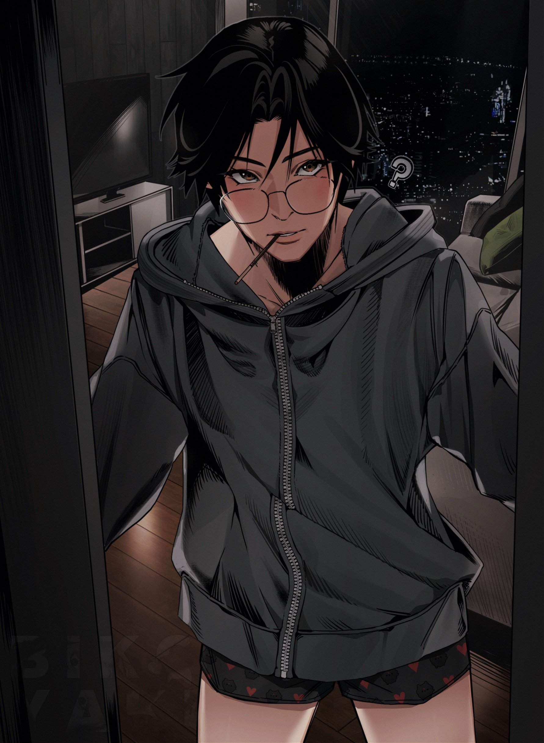 renzha fanpai zijiu xitong, absurdres, commentary, english commentary, highres, 1boy, ?, bikoyaki, black-framed eyewear, black hair, black male underwear, blush, boxer briefs, brown eyes, city lights, collarbone peek, couch, cowboy shot, curtained hair, doorway, food, food in mouth, from above, glasses, grey hoodie, heart, heart print, hood, hood down, hoodie, indoors, long sleeves, looking at viewer, looking up, male focus, male underwear, night, opening door, parted bangs, pocky, pocky in mouth, pov doorway, shen yuan, short hair, television, thighs, underwear, v-shaped eyebrows, zipper, zipper pull tab