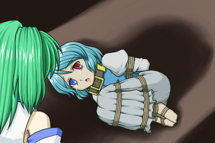 souki lankni, zeroemon, kochiya sanae, tatara kogasa, touhou, 2girls, barefoot, bdsm, blue eyes, blue hair, bondage, bound, bound feet, collar, detached sleeves, female focus, green hair, heterochromia, long hair, multiple girls, red eyes, short hair, tears, you gonna get raped