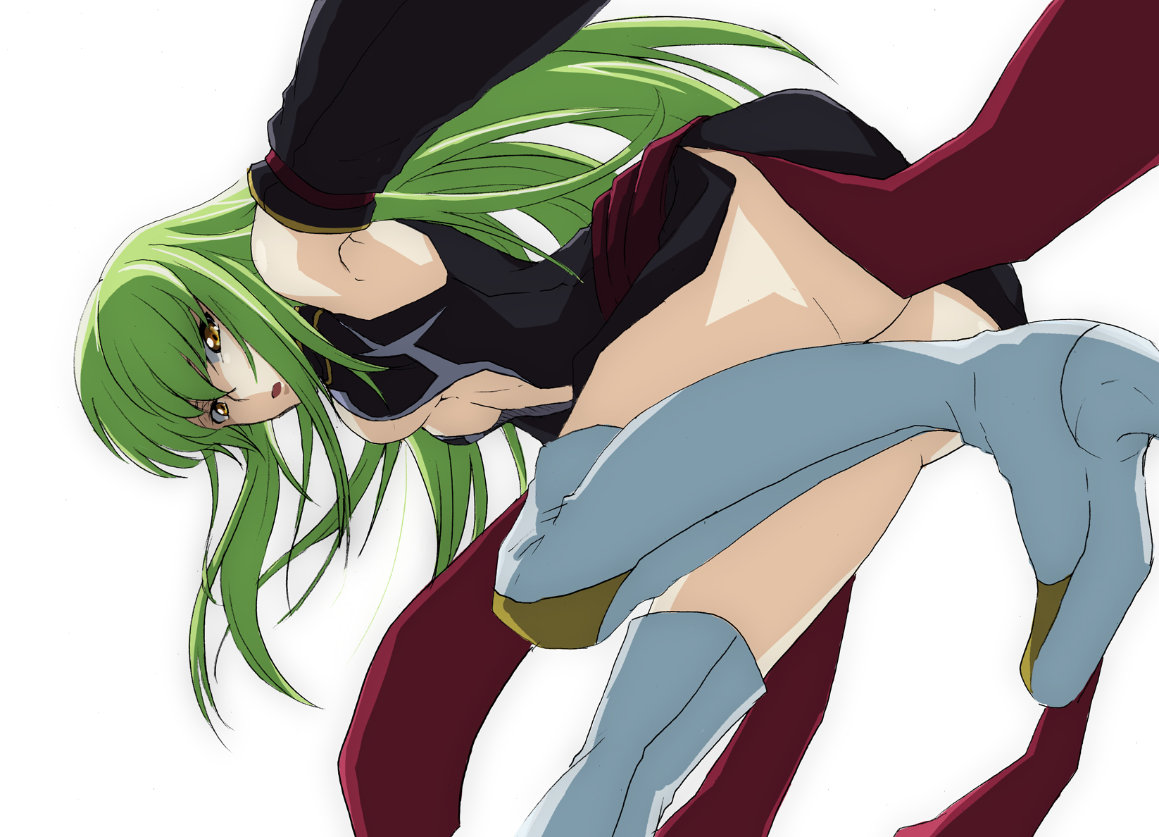 inaho, c.c., code geass, bad id, bad pixiv id, highres, 00s, 1girl, ass, boots, breasts, cleavage, female focus, green hair, long hair, simple background, solo, thigh boots, thighhighs, white background, yellow eyes