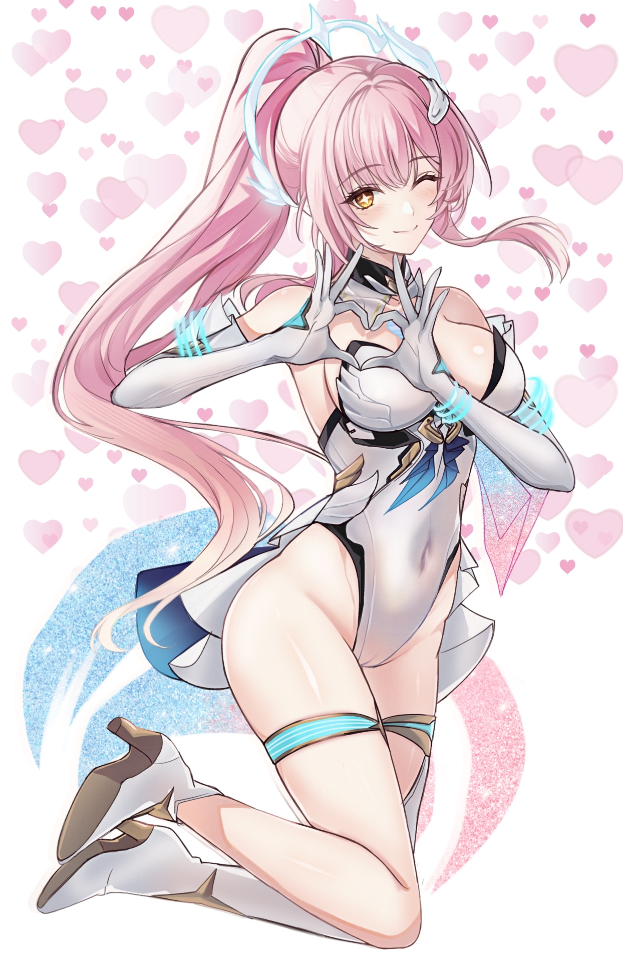 saint laurent paris, wuthering waves, commentary, highres, 1girl, adapted costume, aemeath (wuthering waves), asymmetrical footwear, bare shoulders, breasts, cameltoe, closed mouth, covered navel, elbow gloves, four-finger heart hands, full body, gloves, hair ornament, halo, heart, heart background, heart hands, high heels, highleg, highleg leotard, large breasts, leotard, lineart, long hair, looking at viewer, one eye closed, partially colored, pink hair, ponytail, shoes, simple background, smile, solo, star-shaped pupils, star (symbol), symbol-shaped pupils, thighs, uneven footwear, white background, white gloves, white leotard, white shoes, yellow eyes, yellow pupils