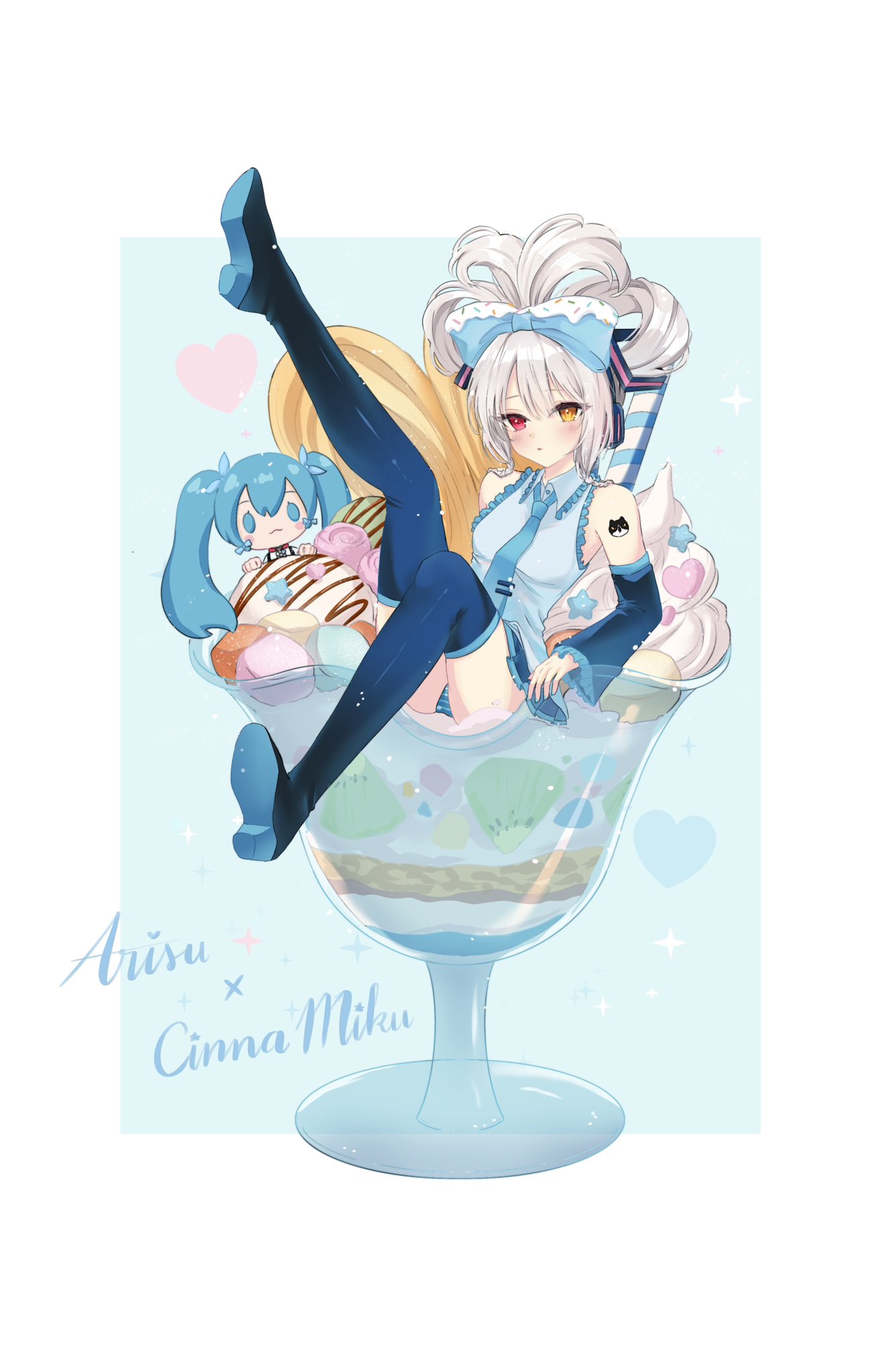 dear arisu, hatsune miku, original, sanrio, vocaloid, commentary, highres, 2girls, aqua background, arm tattoo, artist name, black boots, black sleeves, blue bow, blue hair, blue pants, blue shirt, boots, border, bow, candy, cat tattoo, character name, chibi, chocolate syrup, cinnamiku hairstyle, closed mouth, colored shoe soles, cosplay, costume switch, cup, detached sleeves, drinking straw, food, fruit, hair bow, hair rings, hatsune miku (cosplay), heart, heterochromia, ice cream, kiwi (fruit), kiwi slice, leg up, light blush, light particles, long hair, long sleeves, looking at viewer, multiple girls, outside border, oversized food, oversized object, panties, pants, pantyshot, parfait glass, parted lips, shirt, shoe soles, shoes, short hair, sidelocks, sitting, sleeveless, sleeveless shirt, sparkle, sprinkles, striped clothes, striped panties, sundae, tattoo, thigh boots, thighs, twintails, two-tone bow, underwear, whipped cream, white border, white bow, yogurt