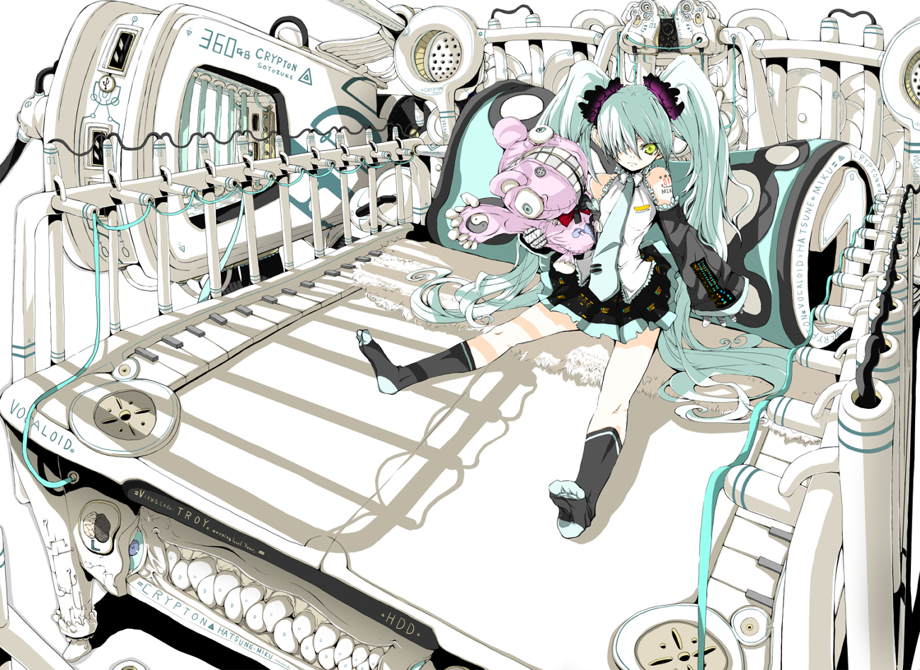 yume koreshiki, hatsune miku, tsumi to batsu (vocaloid), vocaloid, 1girl, aqua hair, bandages, detached sleeves, female focus, green eyes, hair over one eye, long hair, machine, necktie, partially colored, sitting, skirt, socks, solo, stuffed animal, stuffed toy, twintails, very long hair