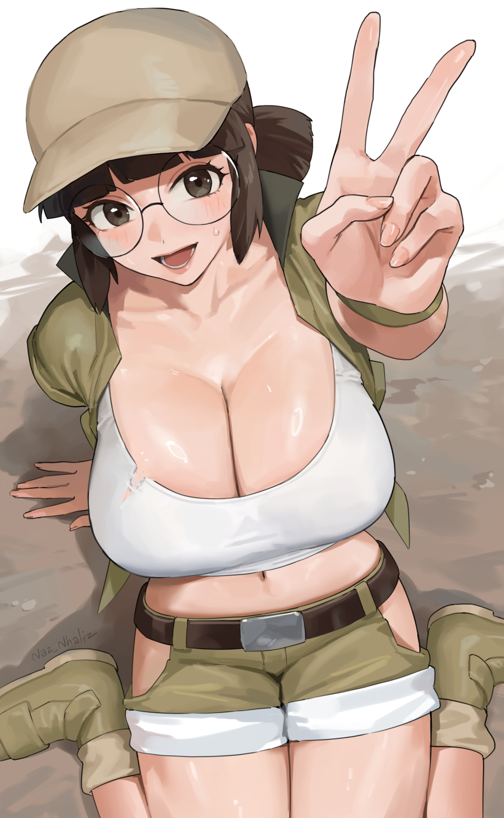 nhaliz, fio germi, metal slug, commentary request, highres, 1girl, black eyes, black hair, breasts, brown hat, cleavage, glasses, green shoes, green shorts, hat, large breasts, looking at viewer, open mouth, round eyewear, shoes, short hair, short shorts, shorts, smile, solo, v