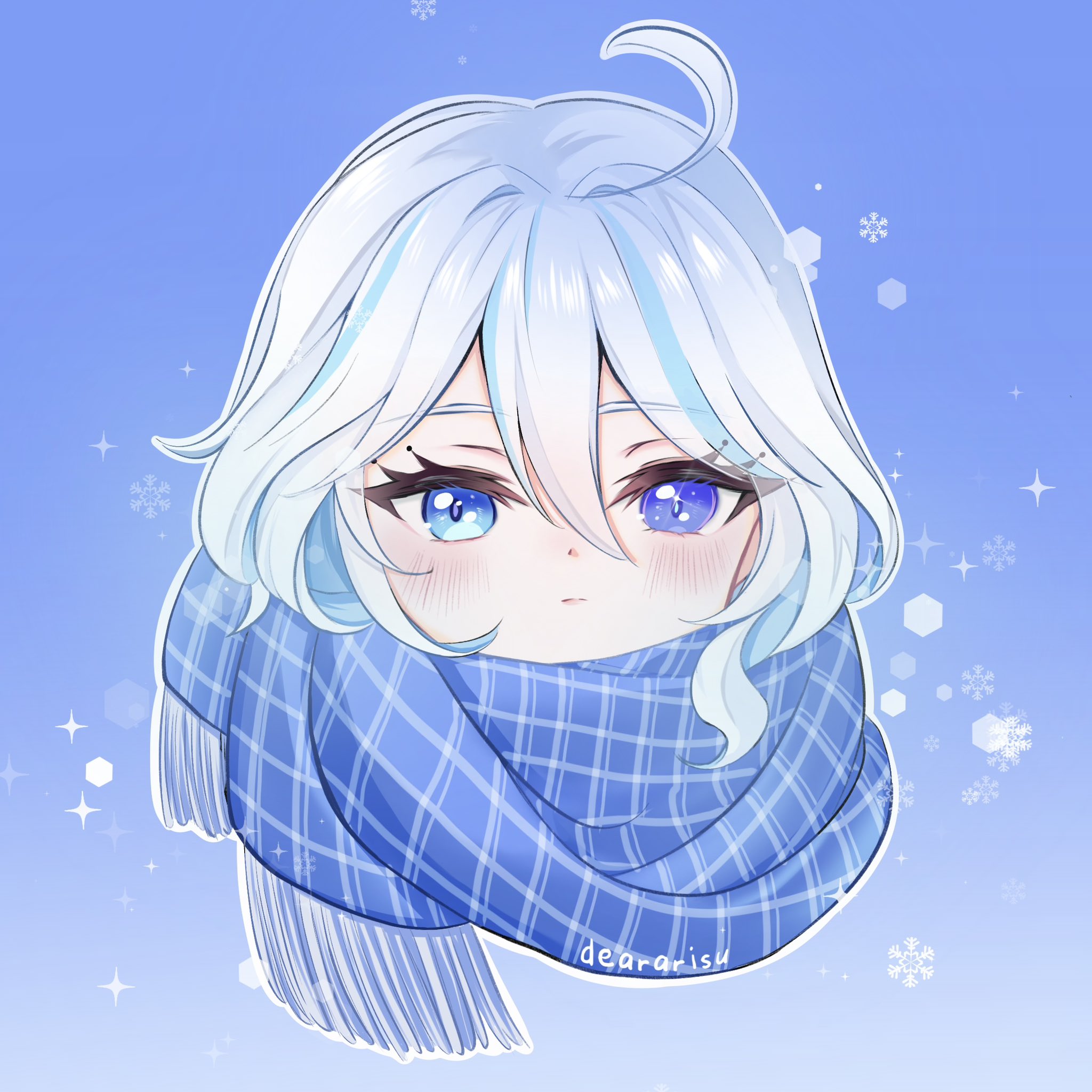 dear arisu, furina (genshin impact), genshin impact, commentary, highres, procreate (medium), 1girl, ahoge, blue background, blue eyes, blue hair, blue scarf, blush, closed mouth, cropped head, double-parted bangs, eyelashes, hair between eyes, heterochromia, looking at viewer, multicolored hair, scarf, short hair, snowflakes, solo, streaked hair