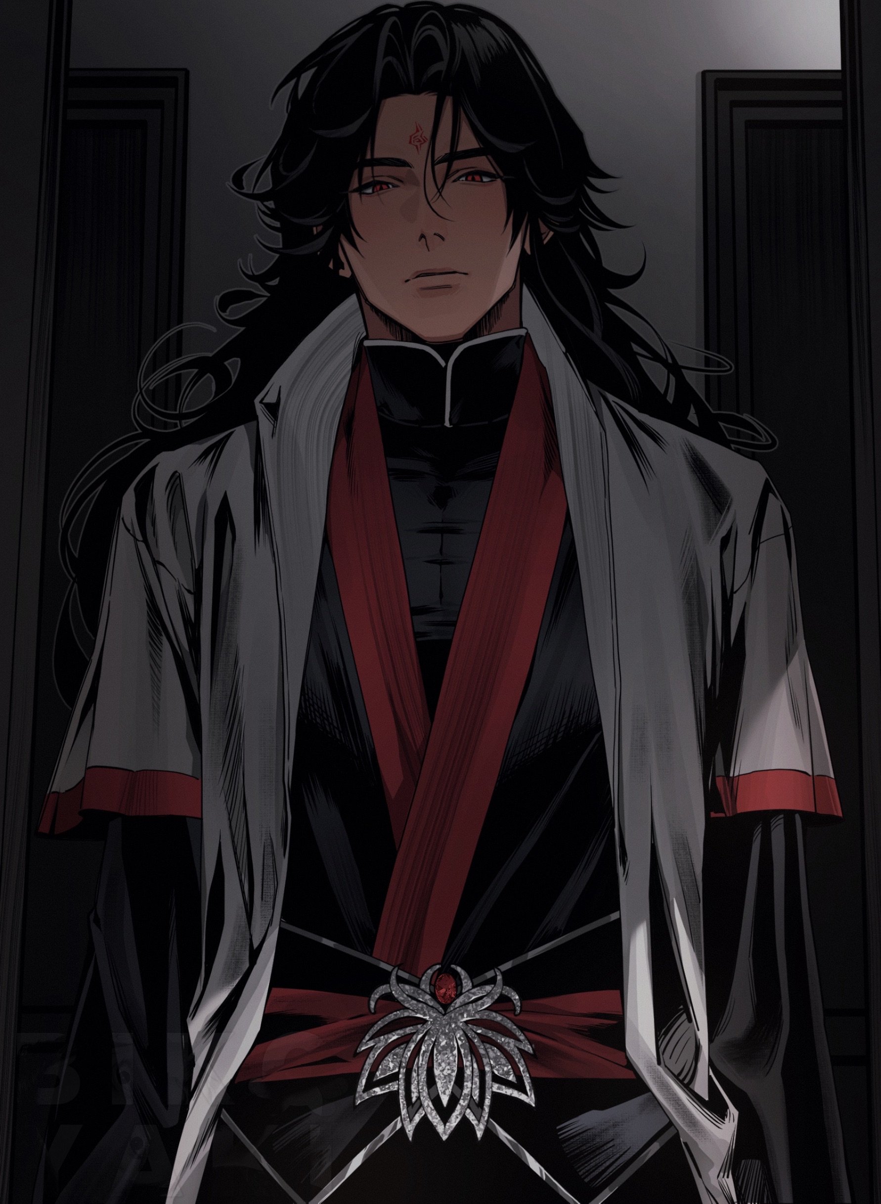 luo binghe, zuiyin, renzha fanpai zijiu xitong, absurdres, commentary, english commentary, highres, 1boy, bikoyaki, black hair, black hanfu, chinese clothes, closed mouth, collared robe, covered pectorals, cowboy shot, curtained hair, door, doorway, facial mark, forehead mark, from below, hallway, hanfu, high collar, layered sleeves, long sleeves, looking at viewer, looking down, male focus, messy hair, parted bangs, pectorals, pov doorway, red eyes, robe, shade, slit pupils, thick eyebrows, through door, two-tone hanfu, white robe, wolf cut
