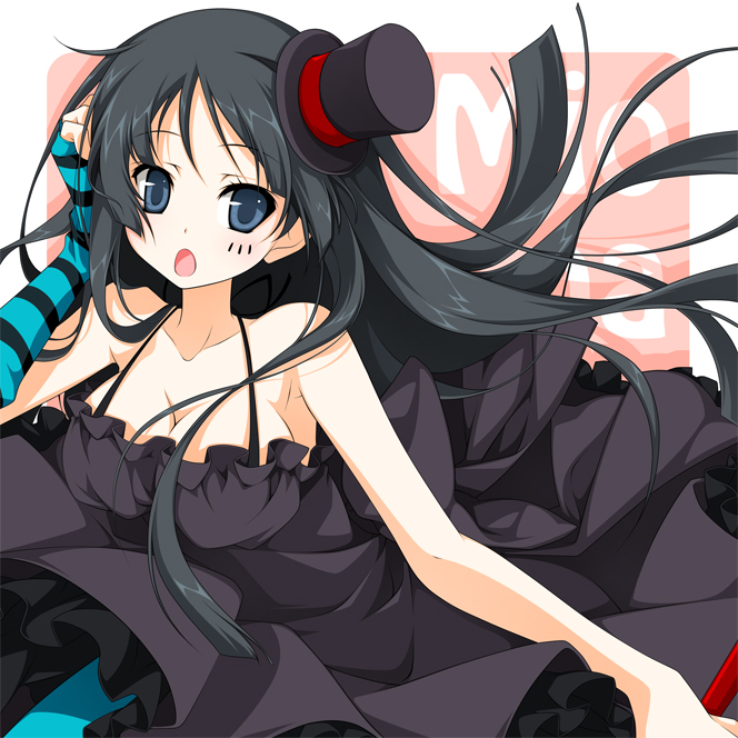 reina (black spider), akiyama mio, don't say "lazy", k-on!, bad id, bad pixiv id, 00s, 1girl, aqua pantyhose, black eyes, black hair, blue eyes, blue pantyhose, breasts, cleavage, dress, facepaint, female focus, fingerless gloves, gloves, hat, large breasts, long hair, mini hat, mini top hat, pantyhose, solo, top hat