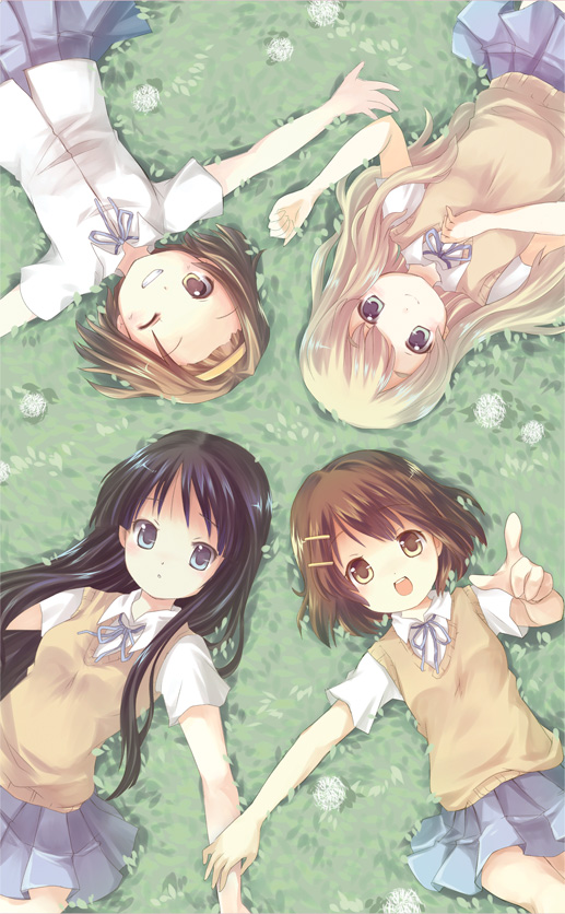 silverms2, akiyama mio, hirasawa yui, kotobuki tsumugi, tainaka ritsu, k-on!, bad id, bad pixiv id, 00s, 4girls, black hair, blonde hair, blue eyes, brown eyes, brown hair, circle formation, dandelion, flower, from above, grass, ho-kago tea time, long hair, lying, multiple girls, one eye closed, pointing, school uniform, short hair, wink