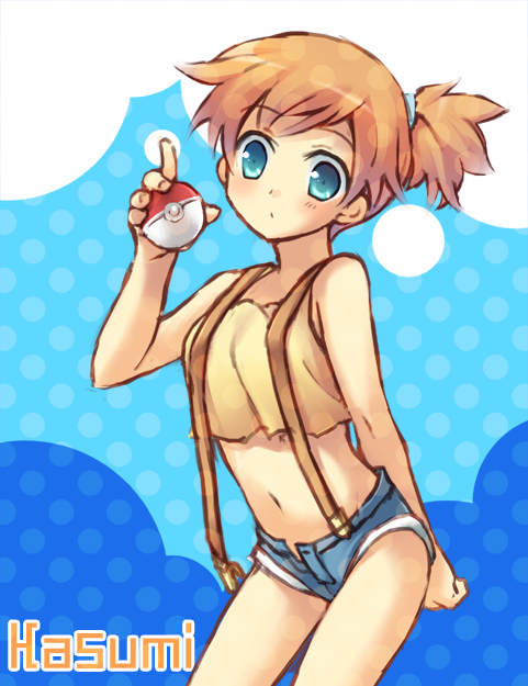 suimya, misty (pokemon), nintendo, pokemon, pokemon (anime), pokemon (classic anime), bad id, bad pixiv id, 1girl, blue eyes, character name, denim, denim shorts, female focus, flat chest, gym leader, holding, holding poke ball, midriff, poke ball, poke ball (basic), shorts, side ponytail, solo, suspenders, unzipped, wardrobe malfunction