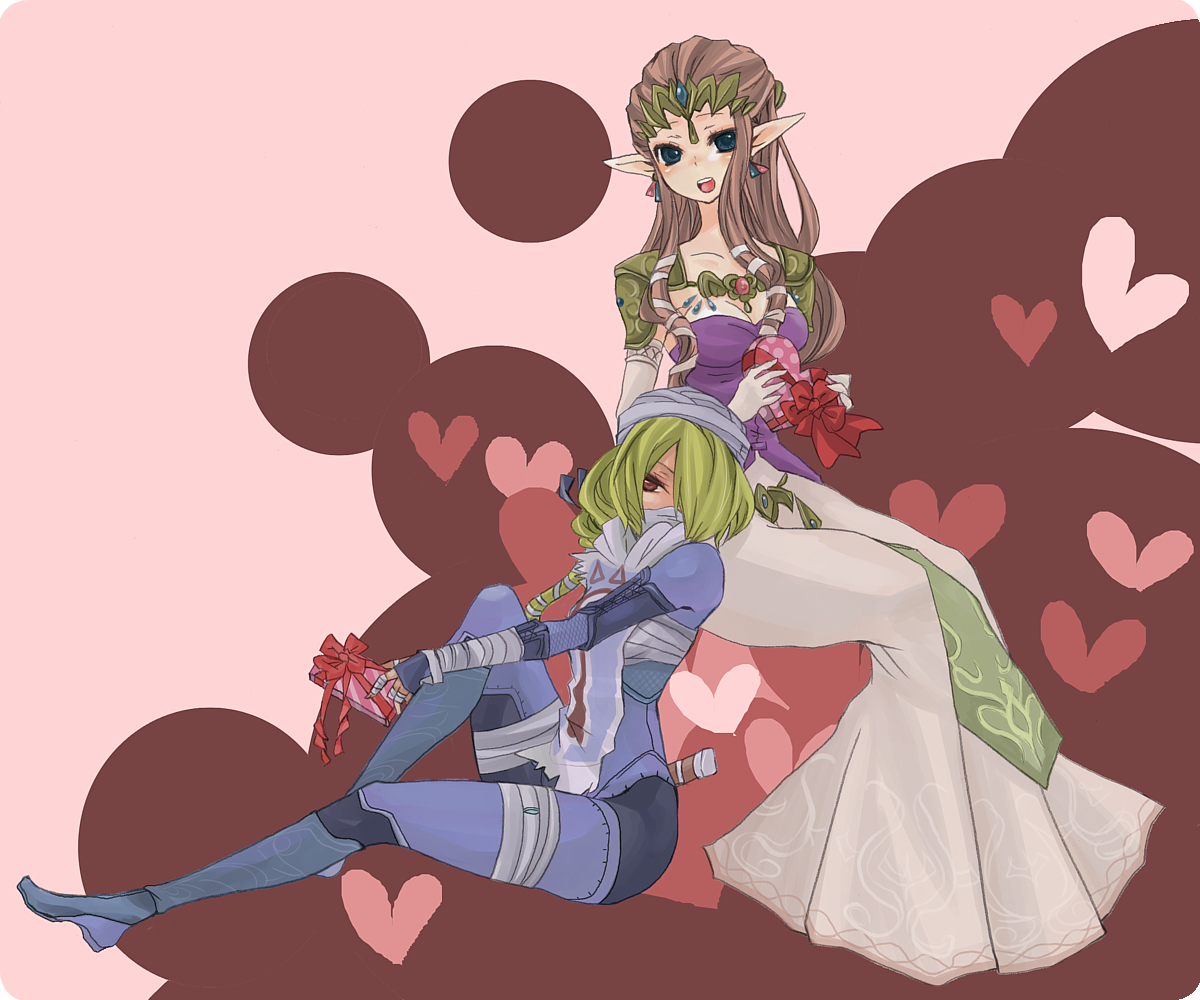 sayu030b, princess zelda, sheik, nintendo, the legend of zelda, the legend of zelda: ocarina of time, the legend of zelda: twilight princess, bad id, bad pixiv id, 2girls, androgynous, bandages, blonde hair, blue eyes, braid, dual persona, heart, jewelry, long hair, mask, multiple girls, pointy ears, red eyes, reverse trap, surcoat, valentine