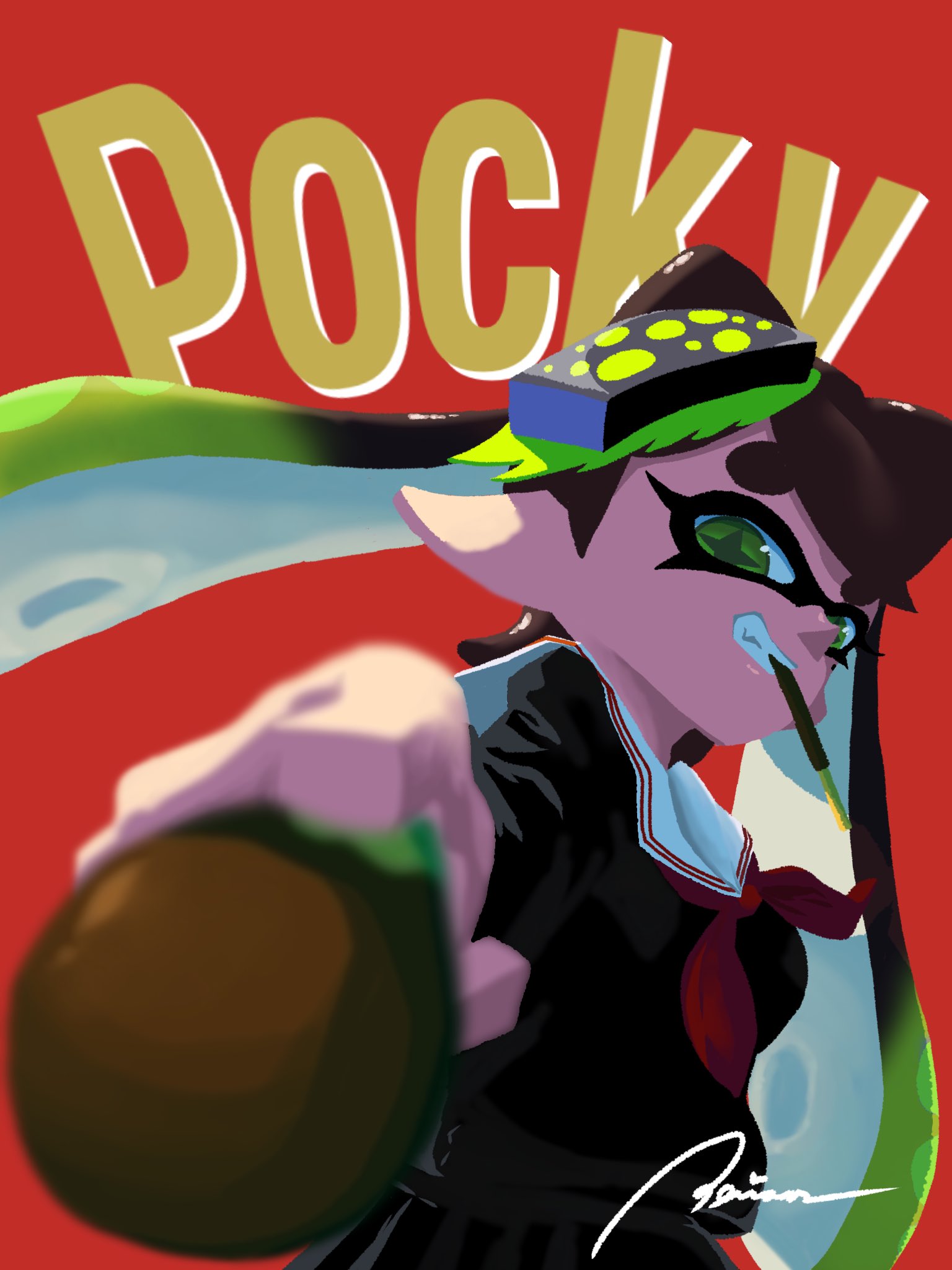 peikosan, callie (splatoon), nintendo, splatoon (series), + +, 1girl, black hair, blonde hair, breasts, food, looking at viewer, pocky, pointy ears, red background, school uniform, teeth, tentacle hair, twintails, white hair, yellow eyes