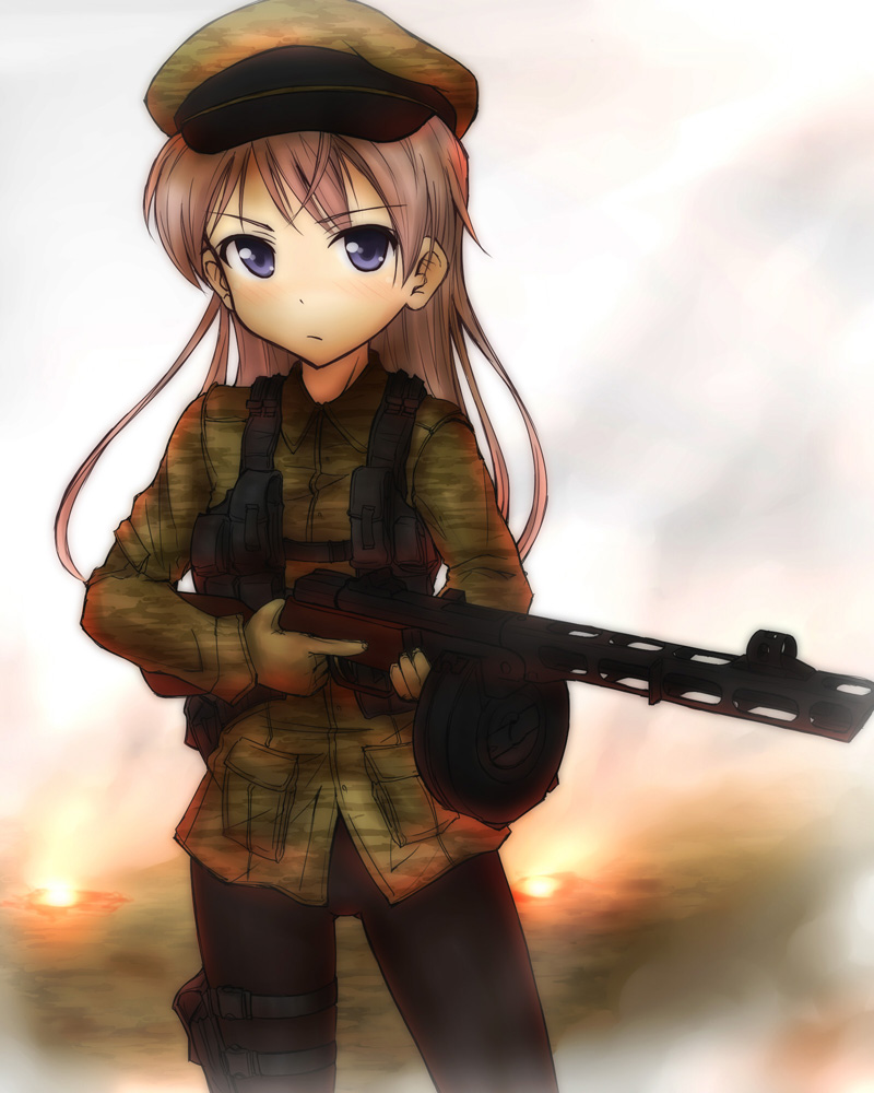 eila ilmatar juutilainen, hanyu, strike witches, world witches series, 00s, 1girl, blue eyes, drum magazine, female focus, gun, hat, long hair, magazine (weapon), military, military uniform, pantyhose, ppsh-41, rifle, solo, submachine gun, weapon