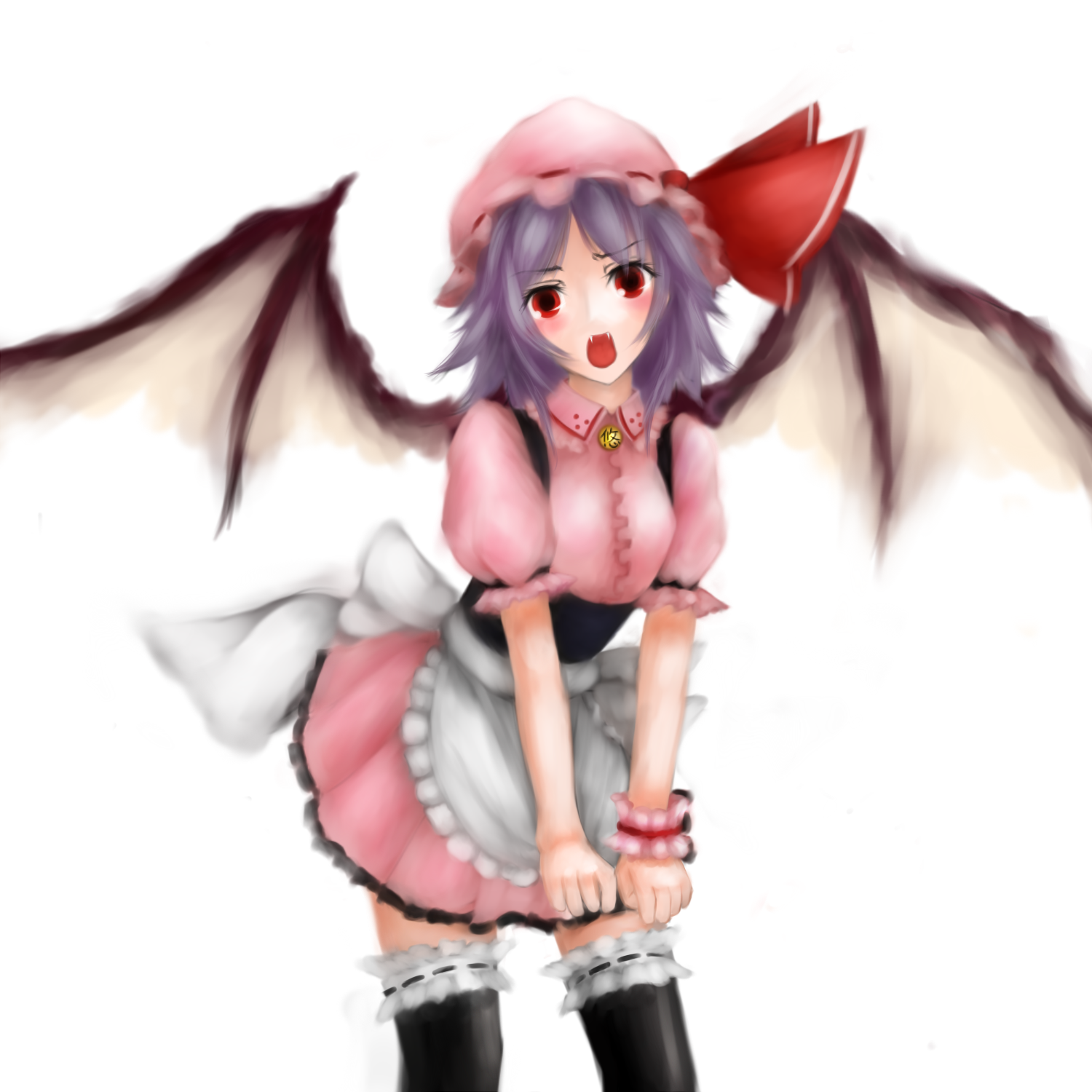 akaen pitsu, berugamottotto, leki (artist), remilia scarlet, touhou, highres, 1girl, apron, bat wings, braid, fangs, female focus, hat, red eyes, short hair, solo, thighhighs, twin braids, waitress, wings