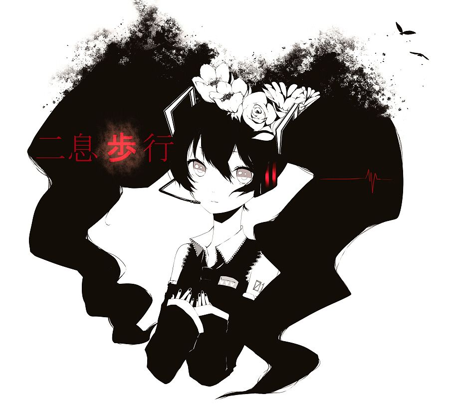 ia (artist), ia (carat), hatsune miku, nisoku hokou (vocaloid), vocaloid, bad id, bad pixiv id, 1girl, bird, black hair, detached sleeves, female focus, flower, grey eyes, hair flower, hair ornament, headphones, headset, long hair, monochrome, necktie, simple background, solo, spot color, twintails