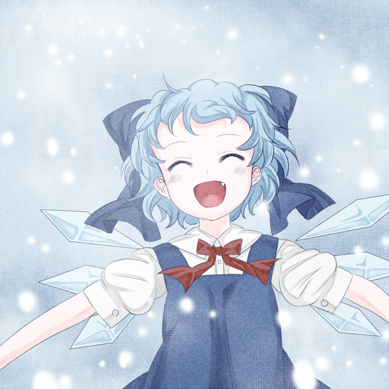 creamfully, cirno, embodiment of scarlet devil, touhou, bad id, bad pixiv id, blue hair, bow, closed eyes, fang, happy, short hair, smile, solo, wings