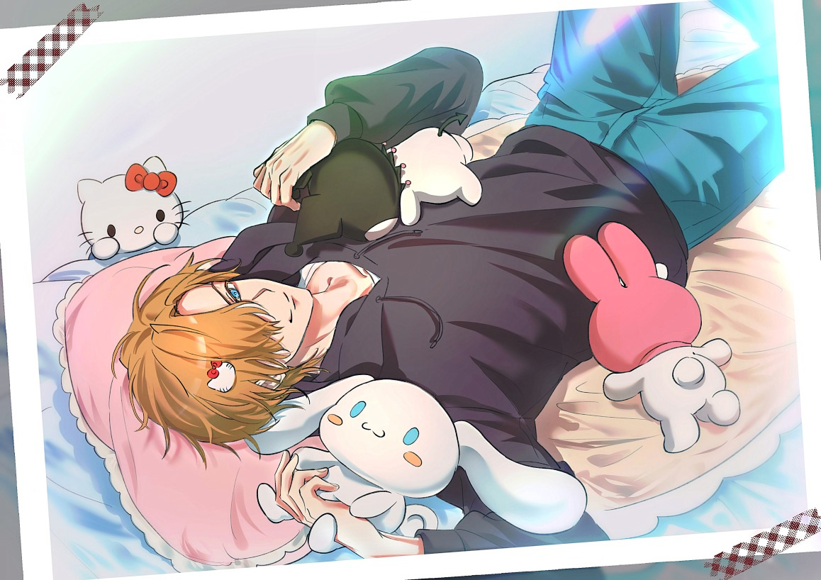 utu310, hello kitty (character), whitney (degrees of lewdity), whitney (male) (degrees of lewdity), degrees of lewdity, hello kitty, sanrio, hashtag-only commentary, 1boy, black hoodie, blonde hair, blue eyes, blue pants, hair over one eye, hood, hoodie, looking at viewer, lying, on back, pants, polaroid photo