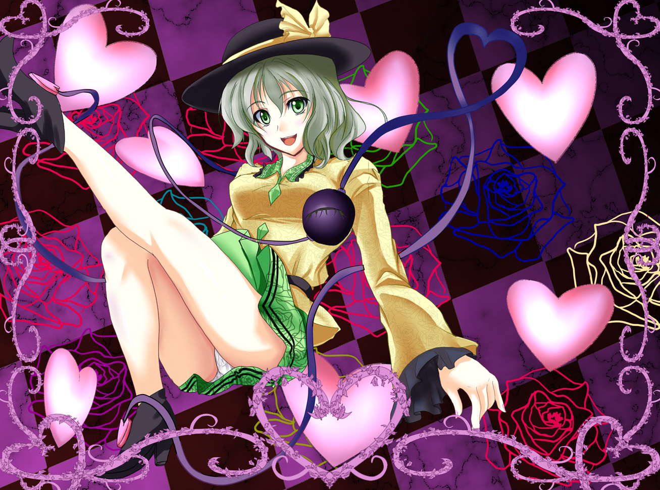 oimari, komeiji koishi, touhou, 1girl, female focus, green eyes, green hair, hat, heart, heart of string, high heels, matching hair/eyes, panties, ribbon, shoes, short hair, solo, underwear