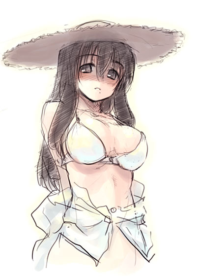 refeia, seigo tokiya, tokiya seigo, original, 1girl, bikini, black eyes, black hair, female focus, grey eyes, hat, long hair, off shoulder, open clothes, open shirt, shirt, sketch, solo, straw hat, swimsuit, white bikini