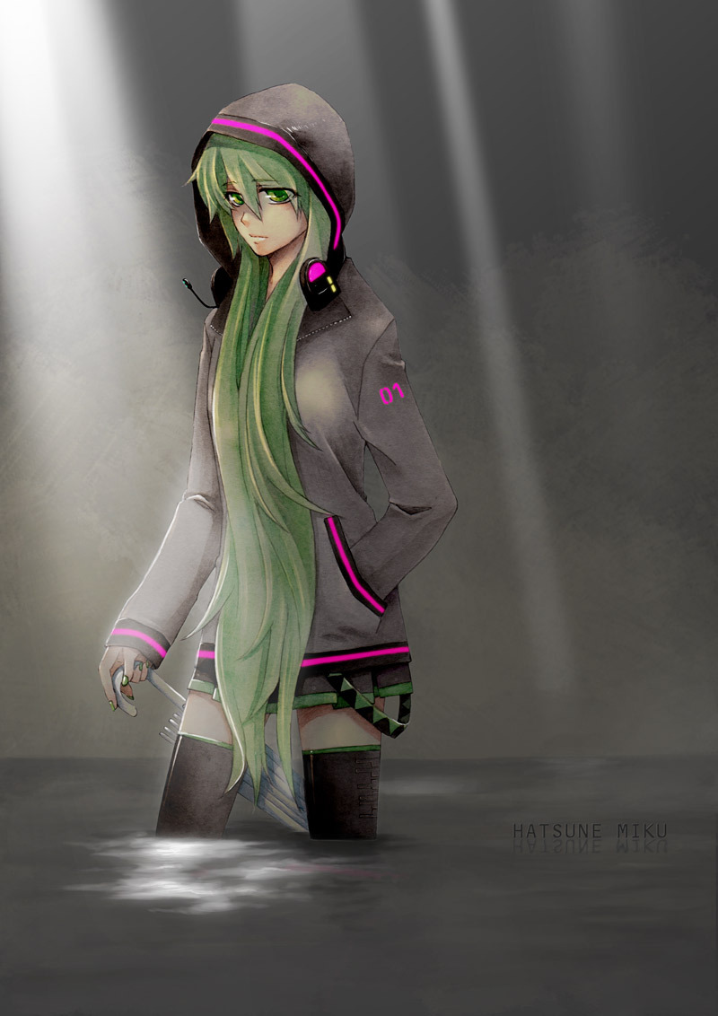 azuki komame, sumaki, hatsune miku, vocaloid, 1girl, aqua eyes, aqua hair, character name, female focus, headphones, headset, hood, hoodie, long hair, sad, skirt, solo, thighhighs, twintails, umbrella, very long hair, water, zettai ryouiki